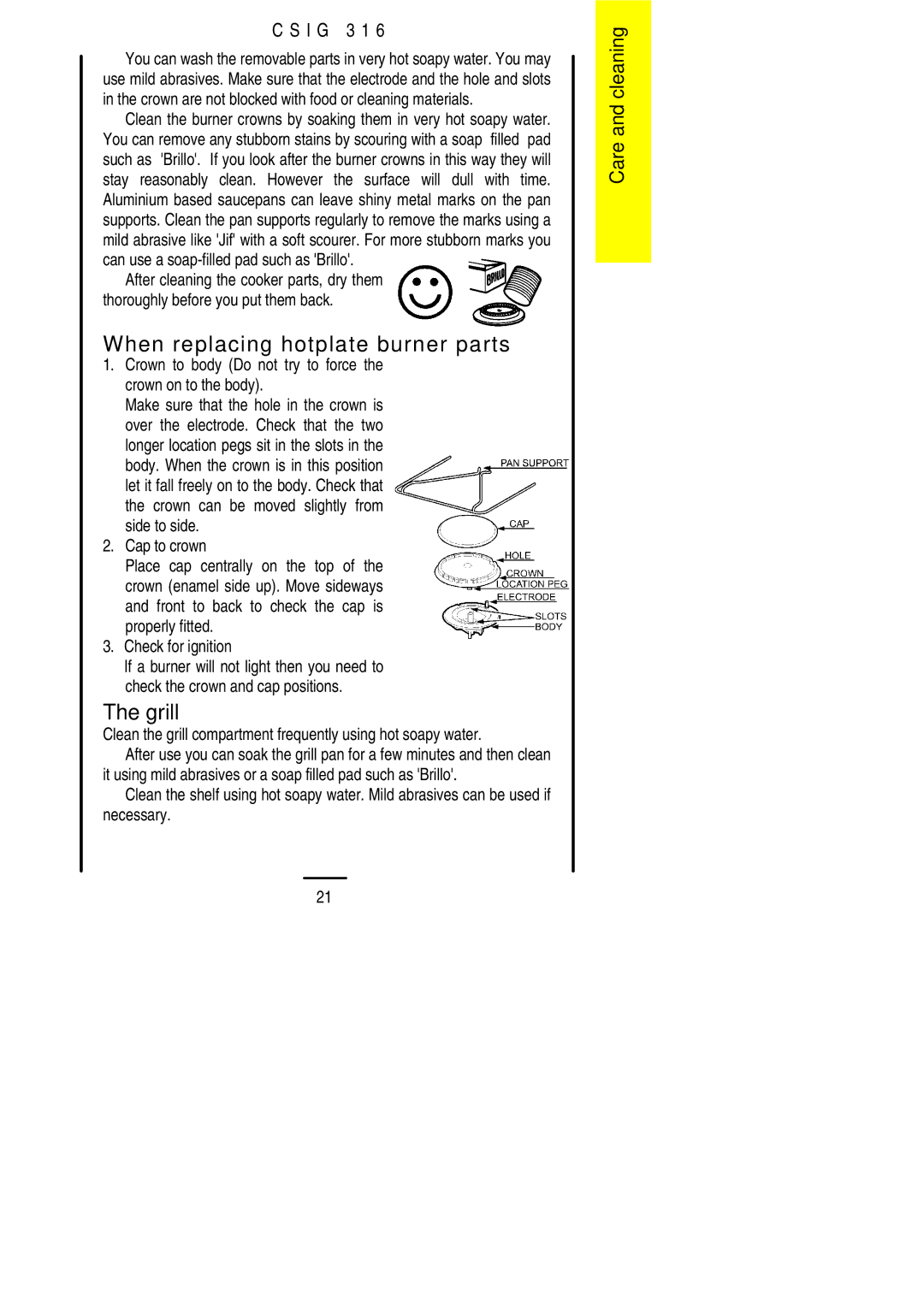 Electrolux CSIG 316 When replacing hotplate burner parts, Crown to body Do not try to force the crown on to the body 