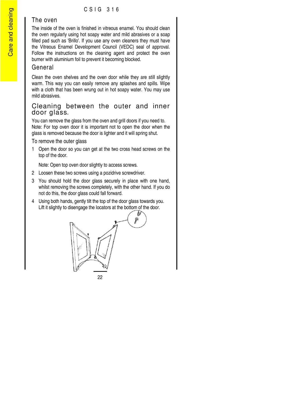 Electrolux CSIG 316 installation instructions General, Cleaning between the outer and inner door glass 