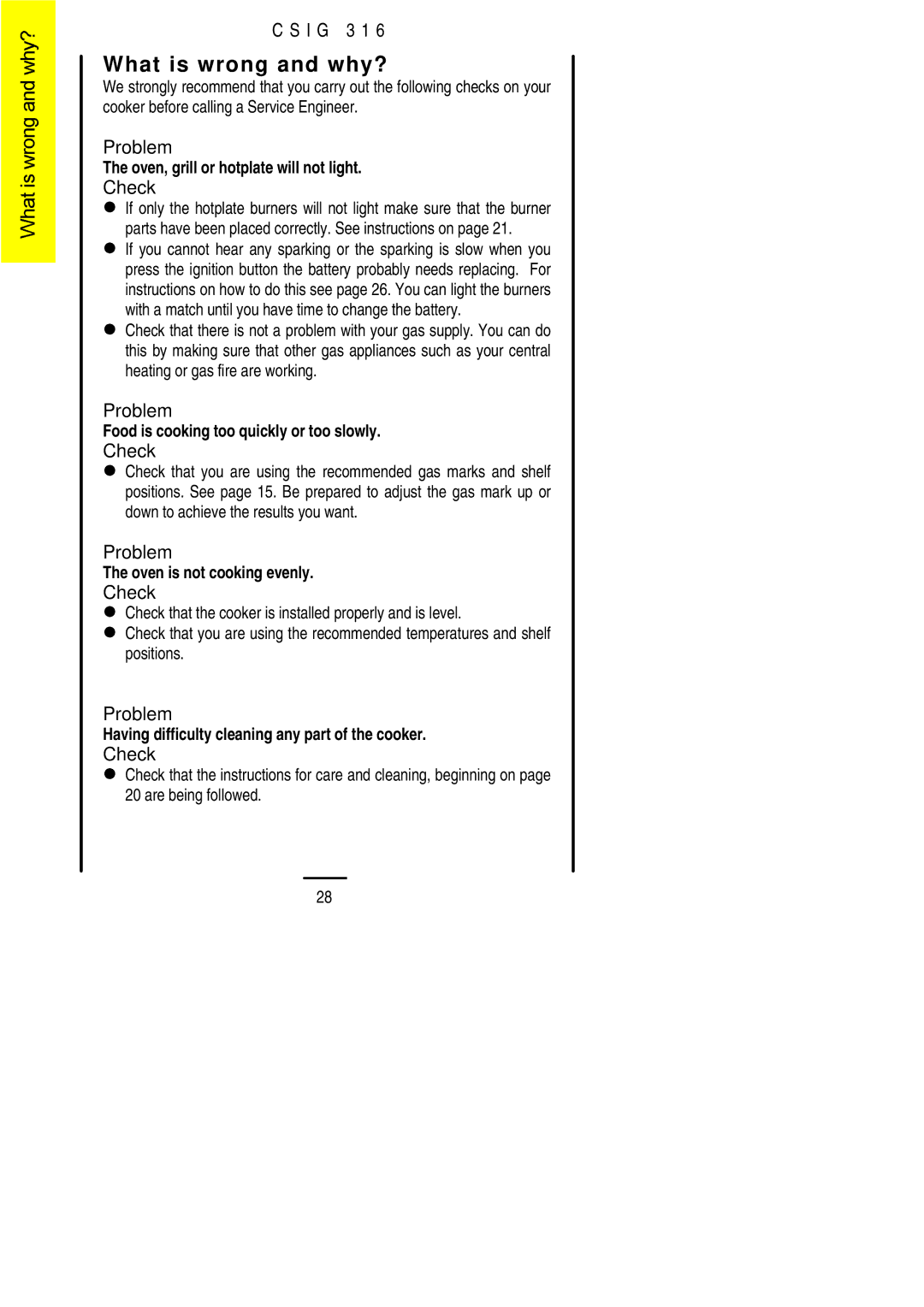 Electrolux CSIG 316 installation instructions What is wrong and why?, Check 