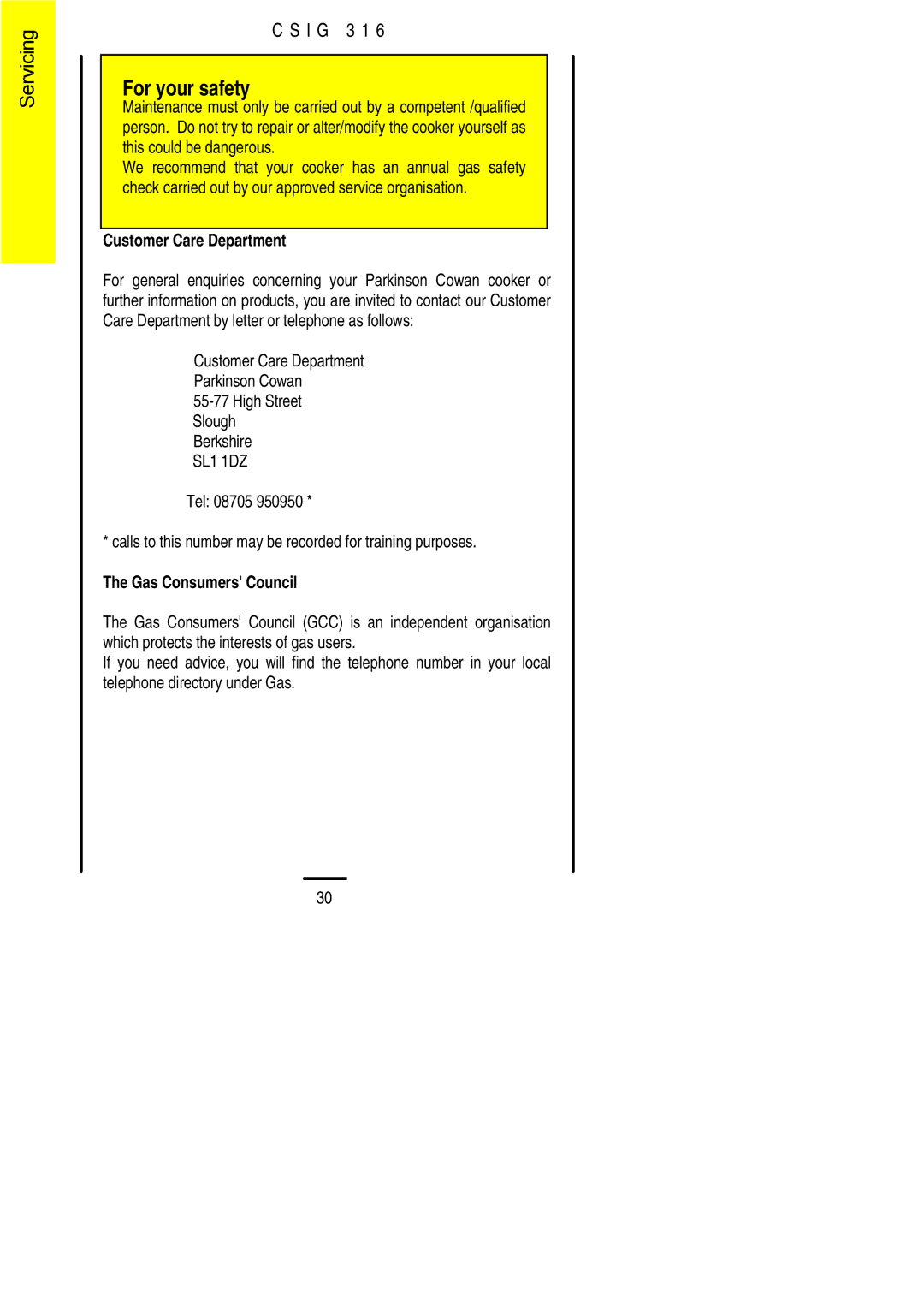 Electrolux CSIG 316 installation instructions Customer Care Department 