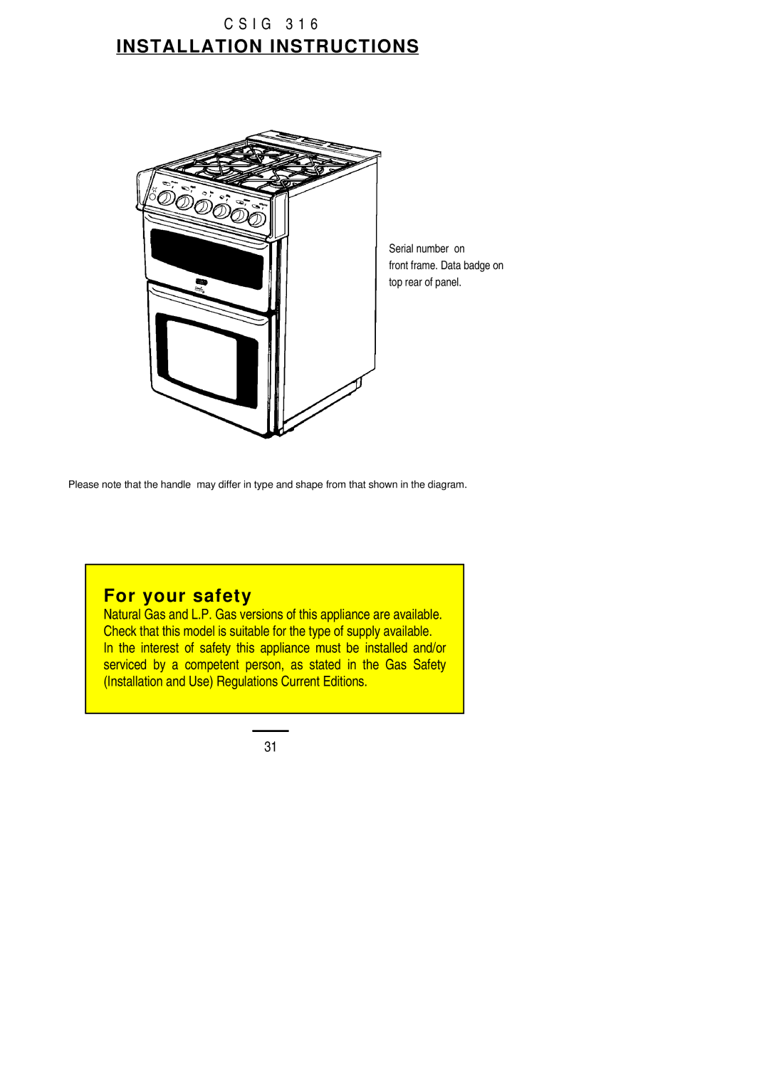 Electrolux CSIG 316 installation instructions Installation Instructions 