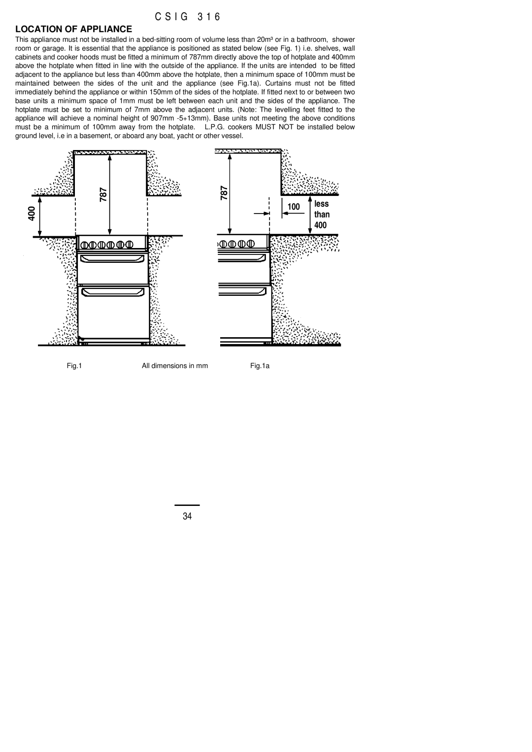 Electrolux CSIG 316 installation instructions Location of Appliance 