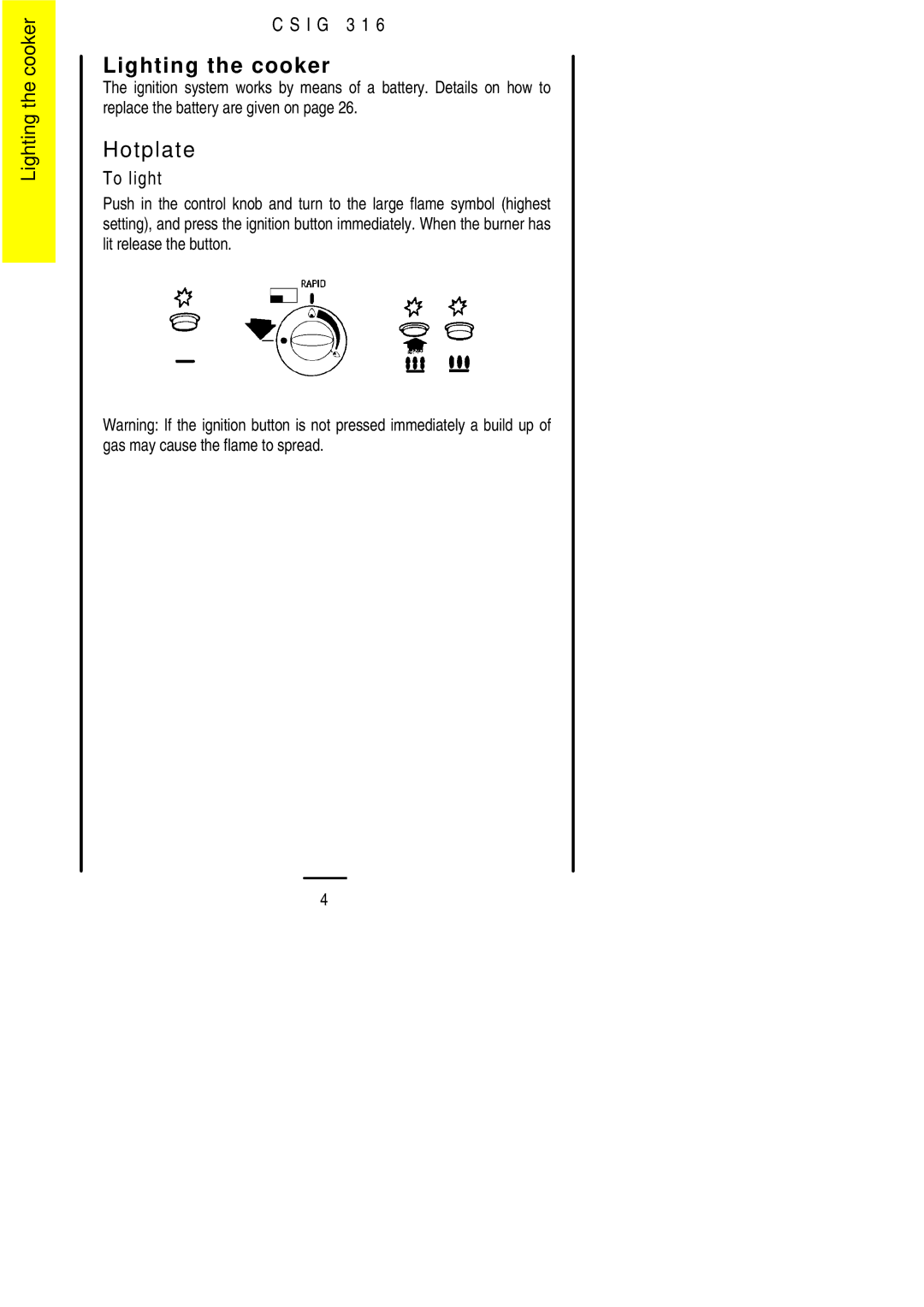 Electrolux CSIG 316 installation instructions Lighting the cooker, Hotplate 