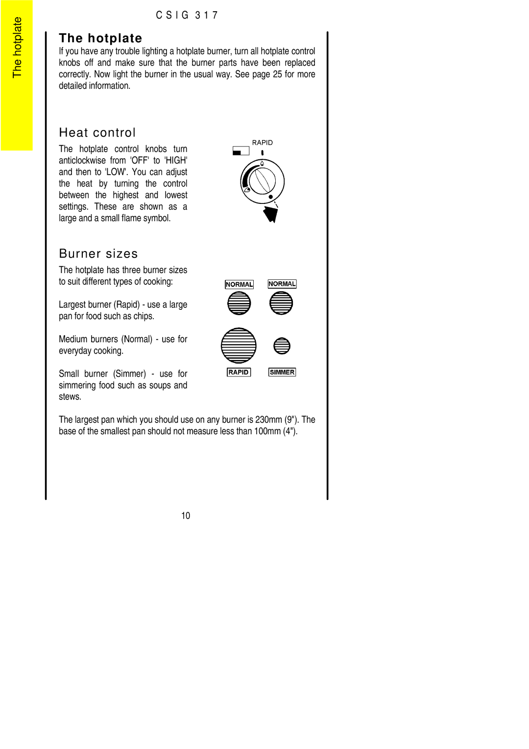 Electrolux CSIG 317 installation instructions Hotplate, Burner sizes 