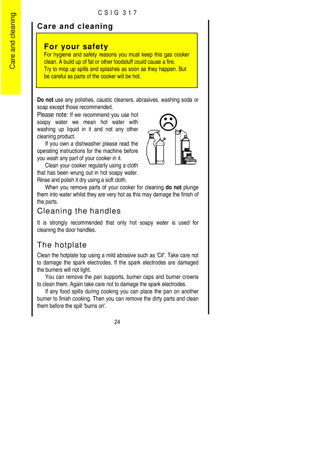 Electrolux CSIG 317 installation instructions CareandcleaningC S I G 3 1, Cleaning the handles 