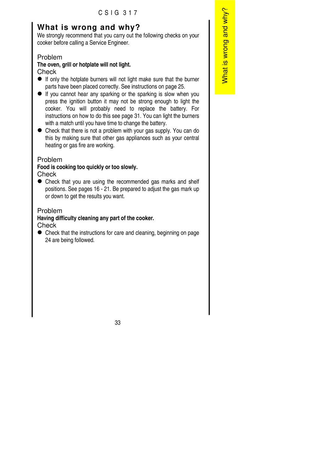 Electrolux CSIG 317 installation instructions What is wrong and why?, Check 