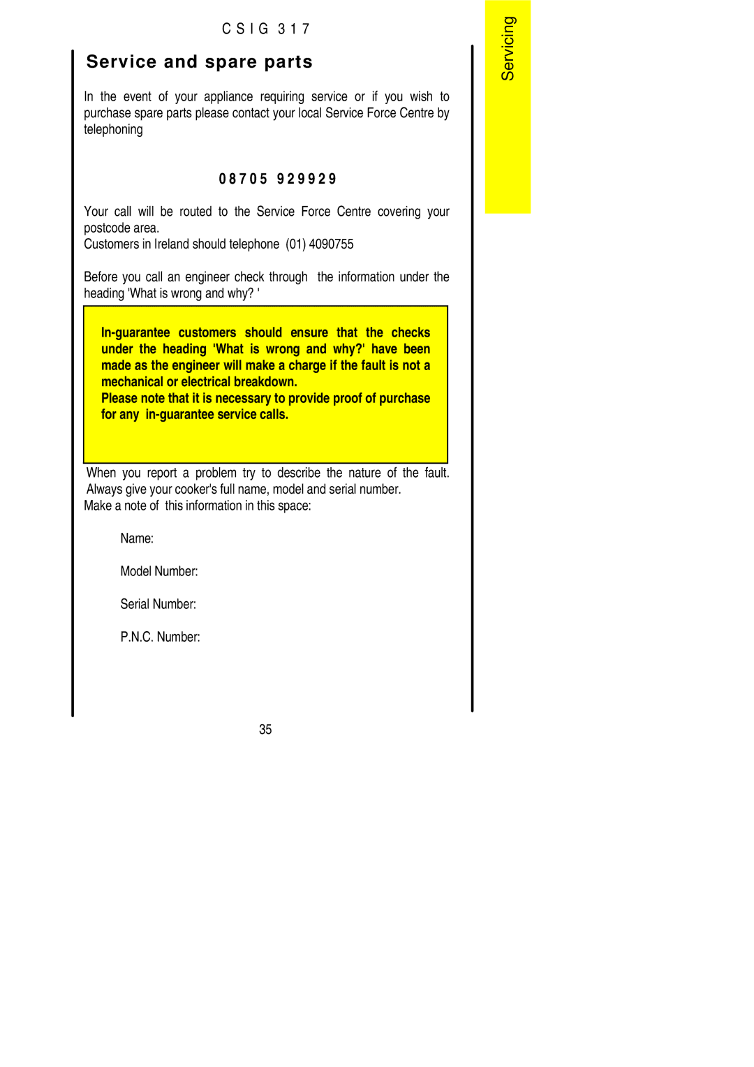 Electrolux CSIG 317 installation instructions Service and spare parts, 7 0 5 9 2 9 9 2 