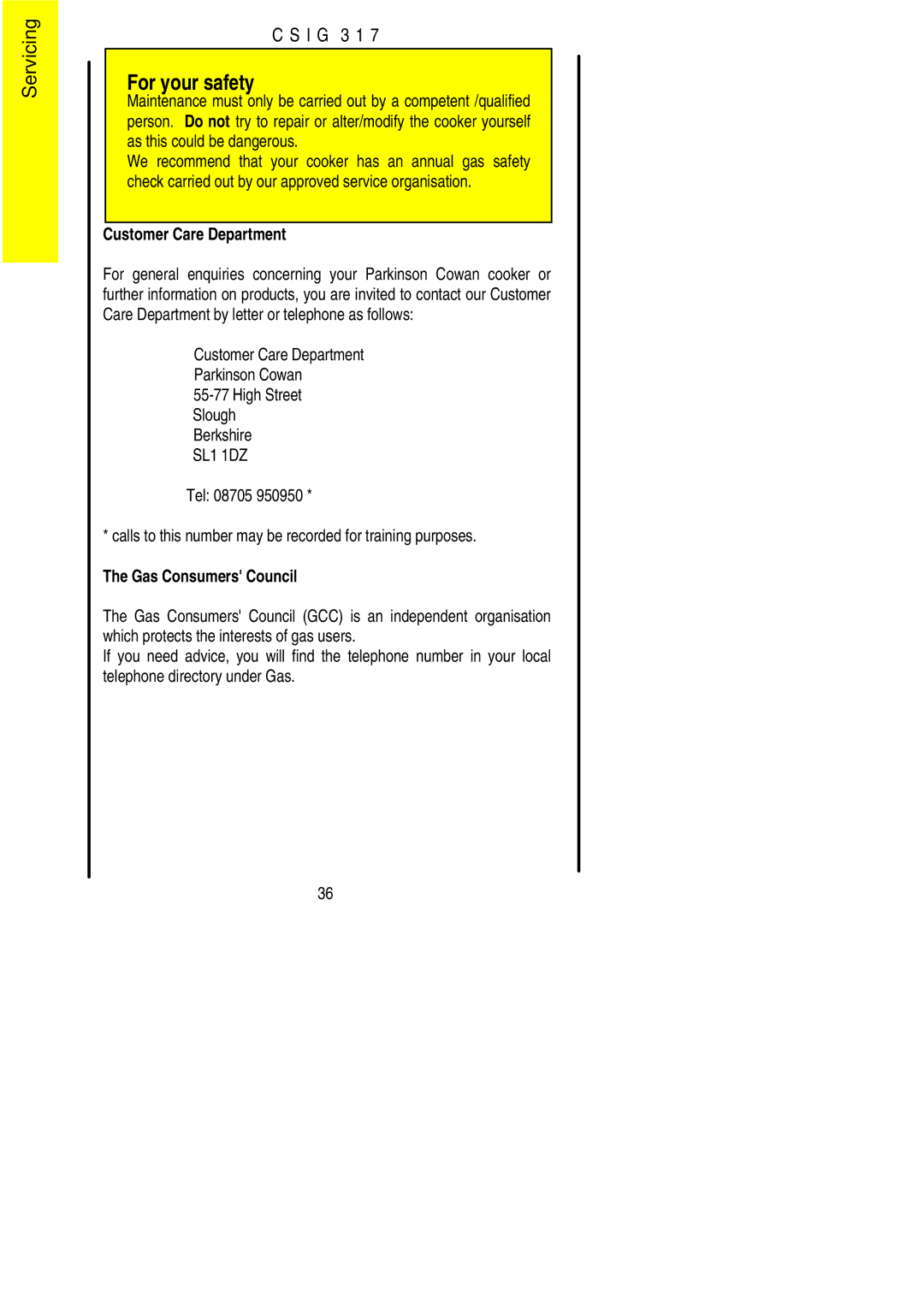 Electrolux CSIG 317 installation instructions Customer Care Department 