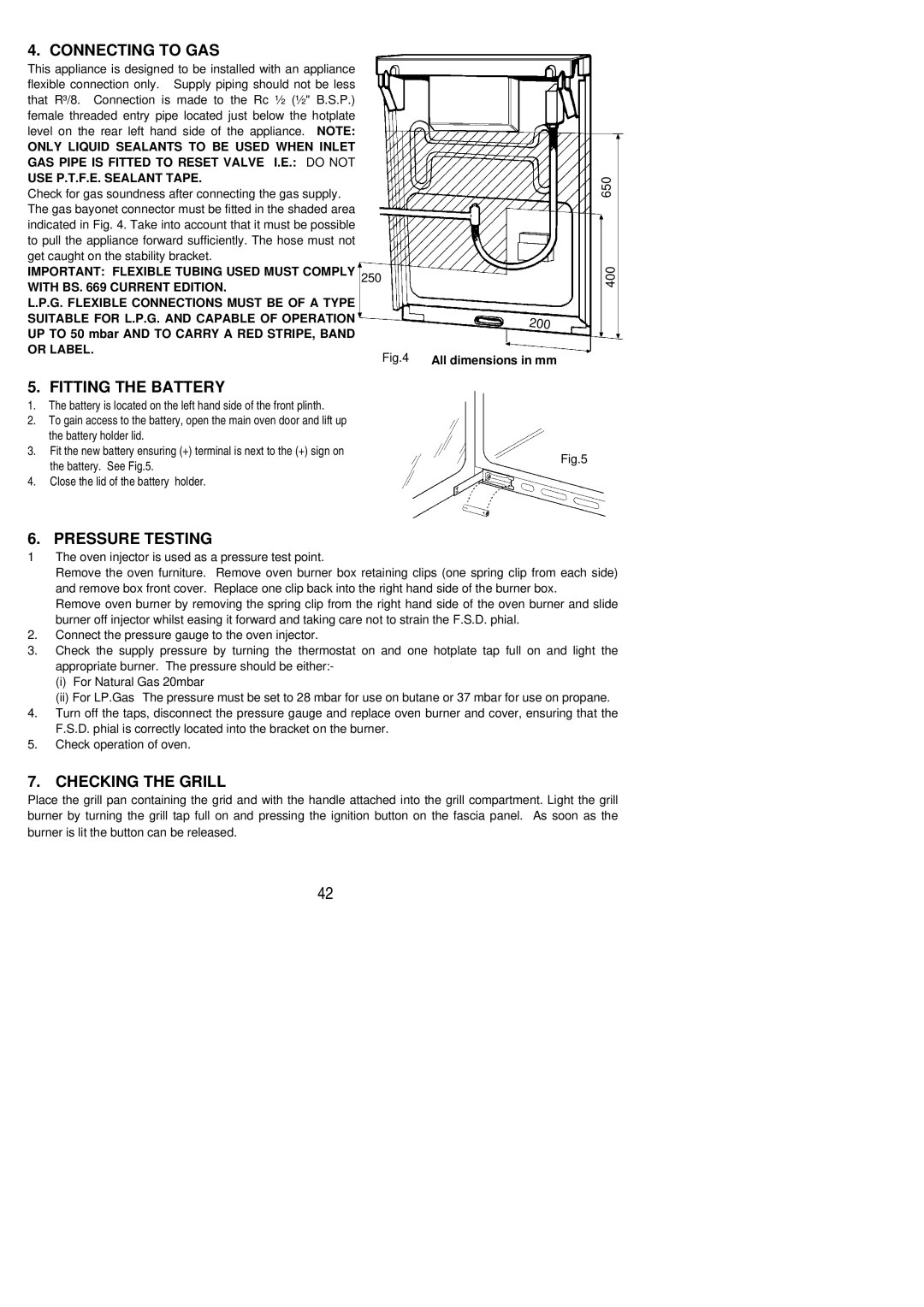 Electrolux CSIG 317 installation instructions Connecting to GAS, Fitting the Battery, Pressure Testing, Checking the Grill 