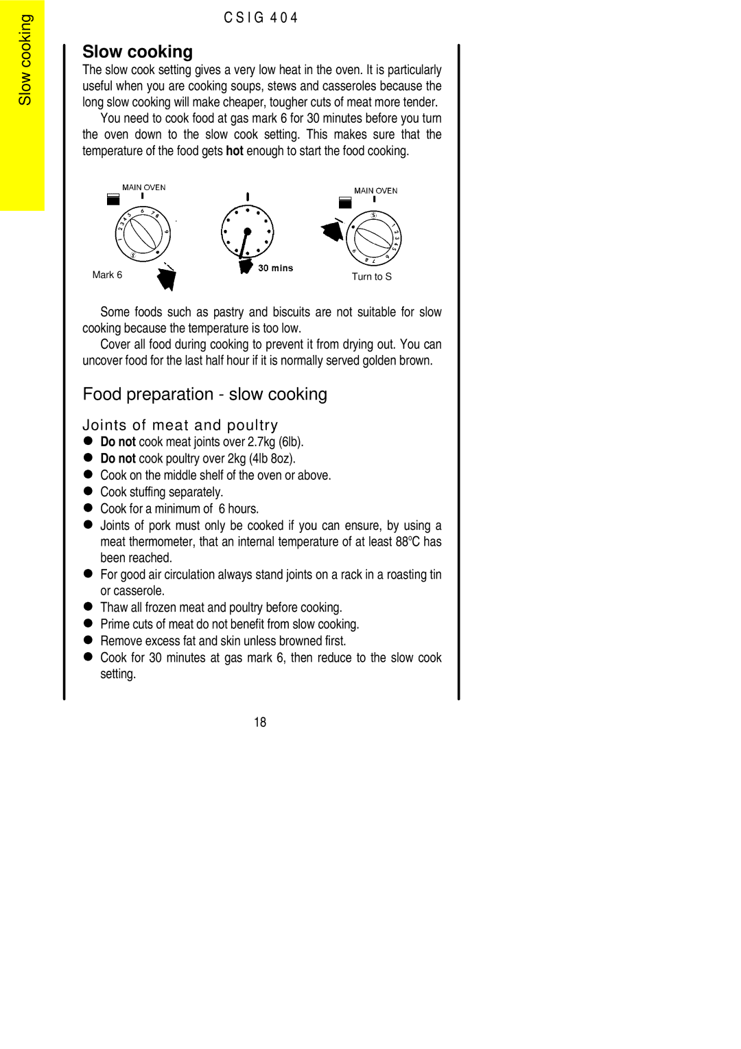 Electrolux CSIG 404 installation instructions Slow cooking, Food preparation slow cooking 