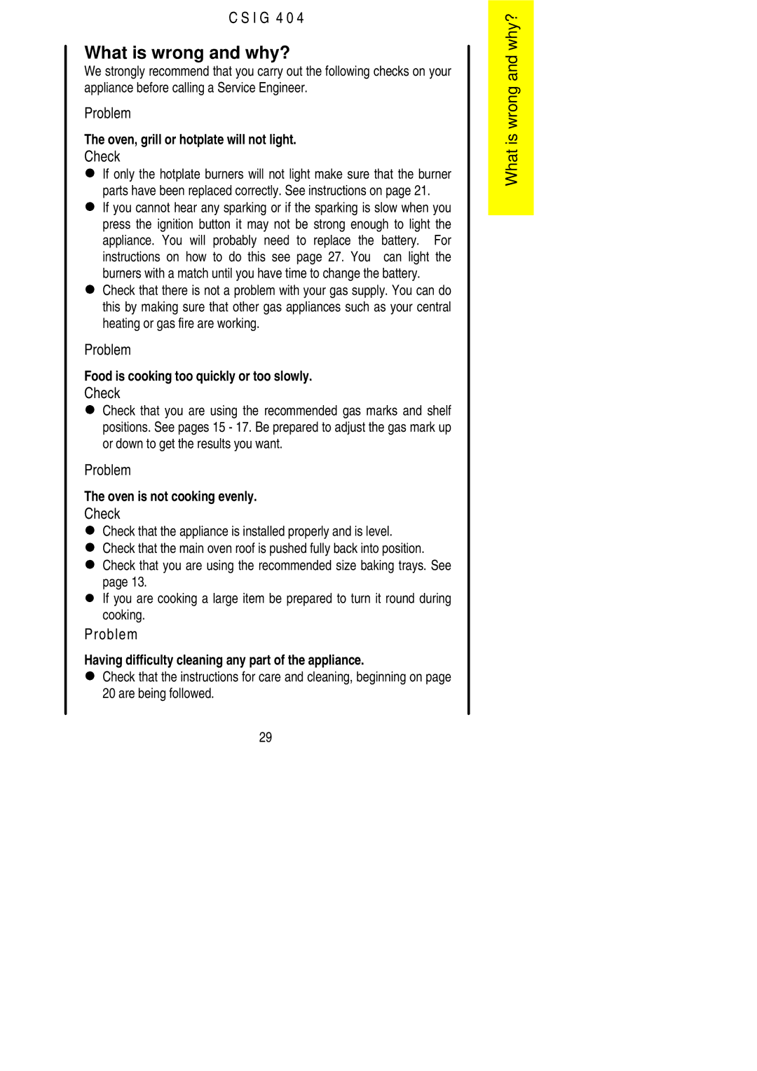 Electrolux CSIG 404 installation instructions What is wrong and why?, Check 