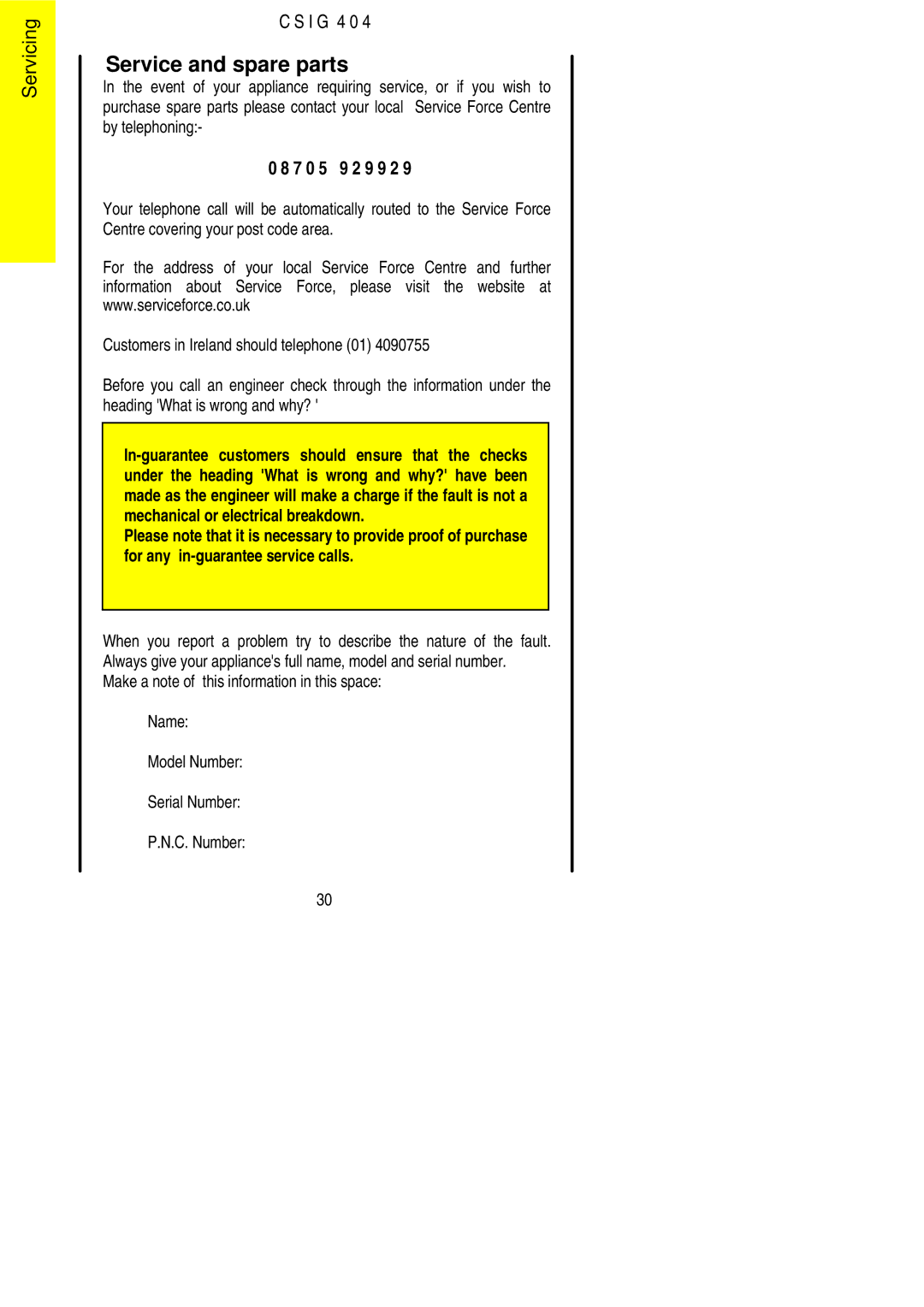 Electrolux CSIG 404 installation instructions Service and spare parts, 7 0 5 9 2 9 9 2 