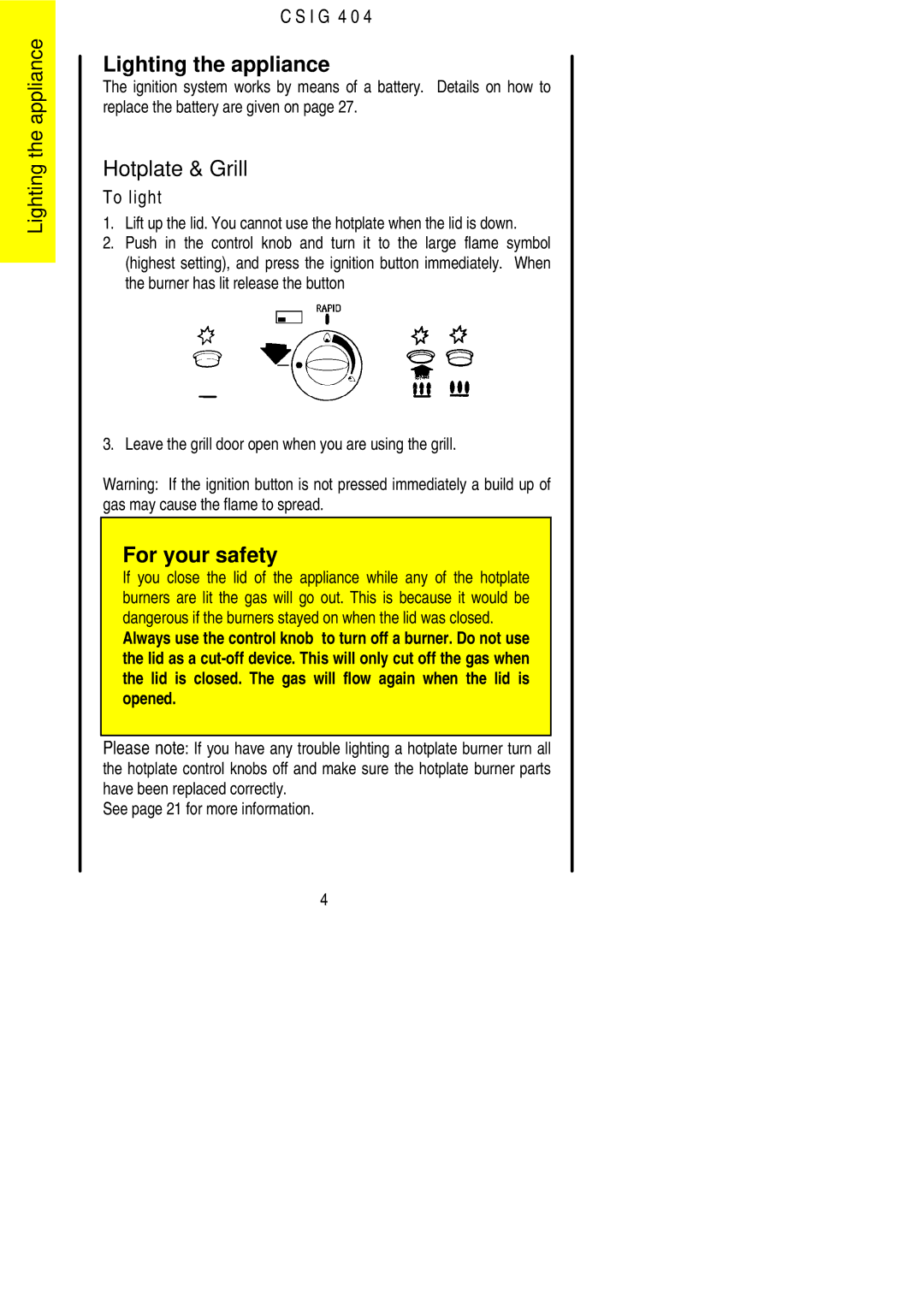 Electrolux CSIG 404 installation instructions Lighting the appliance, Hotplate & Grill 