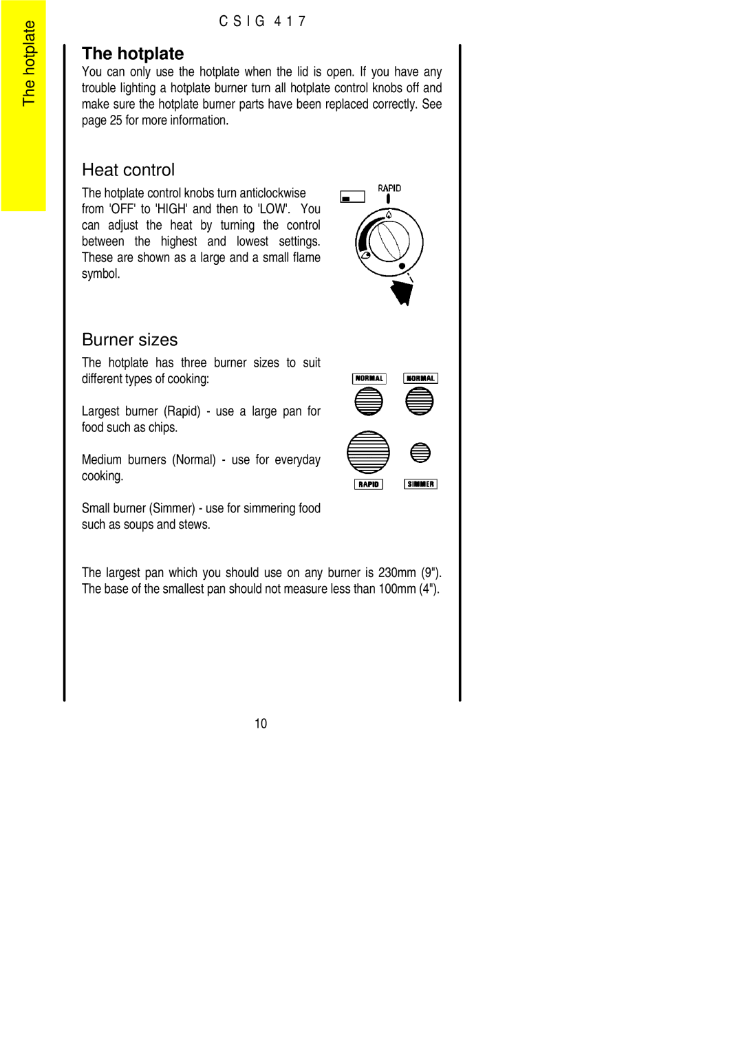 Electrolux CSIG 417 installation instructions Hotplate, Burner sizes 