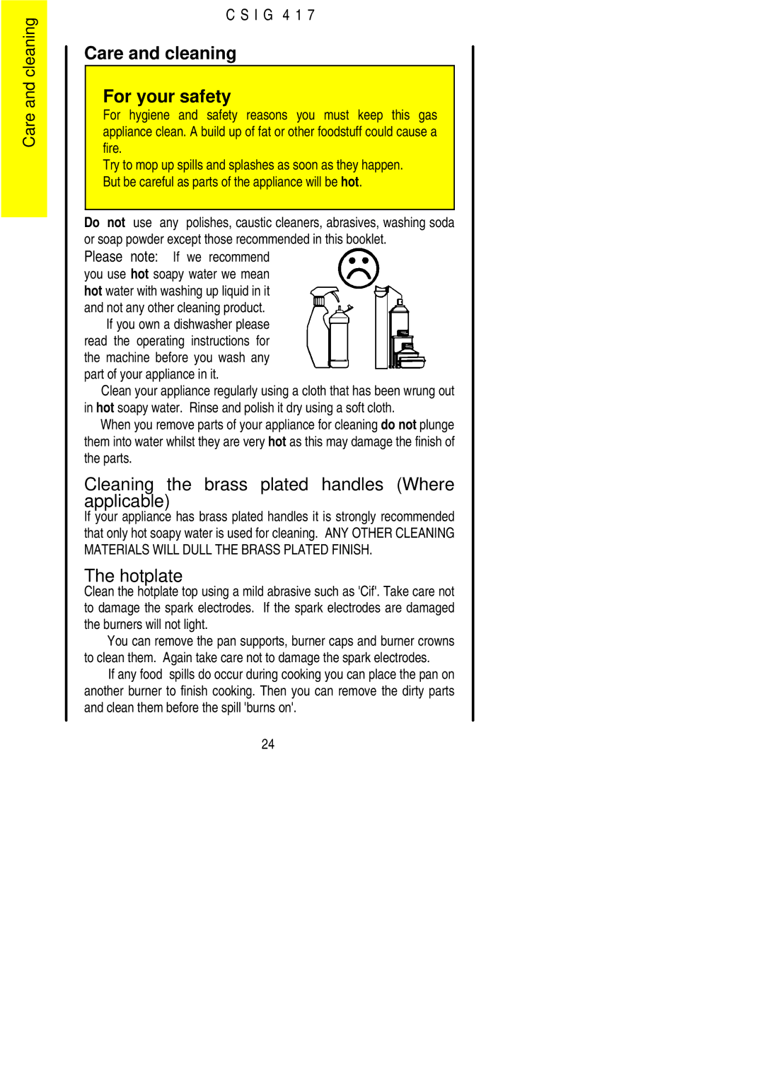 Electrolux CSIG 417 Care and cleaning For your safety, Cleaning the brass plated handles Where applicable 
