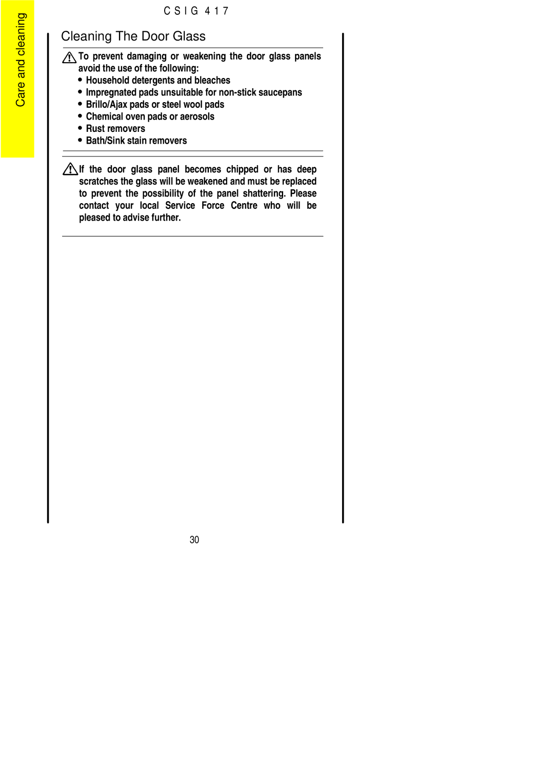 Electrolux CSIG 417 installation instructions Cleaning The Door Glass 