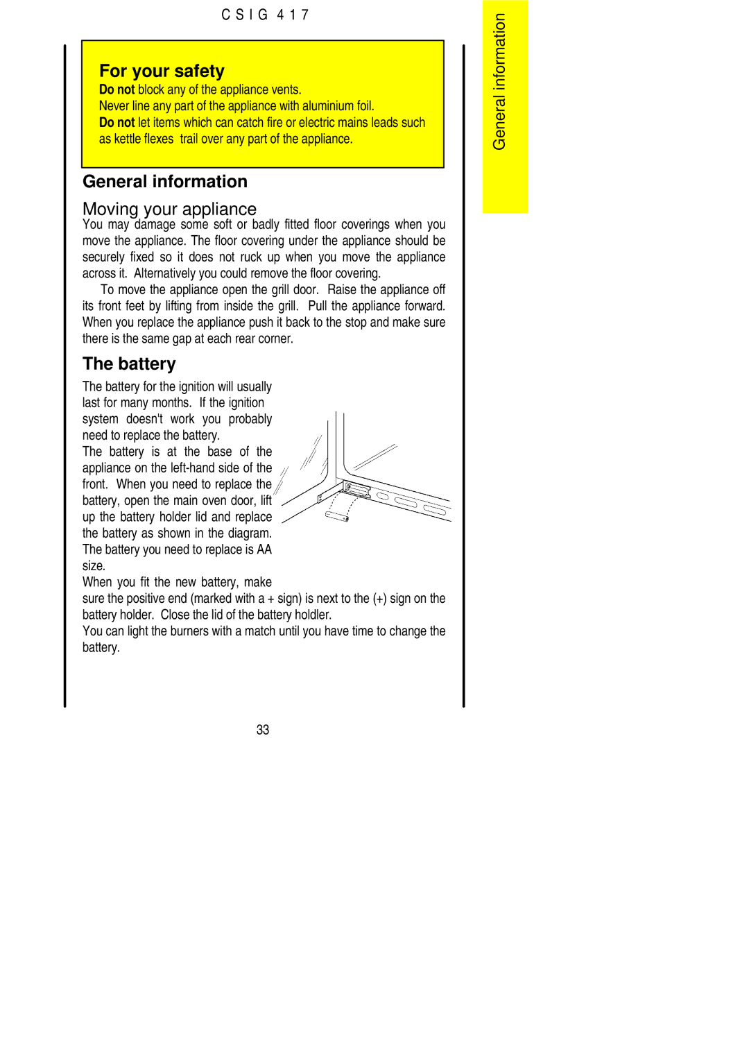 Electrolux CSIG 417 General information, Moving your appliance, Battery, When you fit the new battery, make 