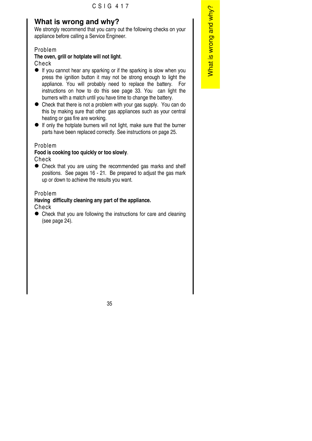 Electrolux CSIG 417 installation instructions What is wrong and why?, Check 