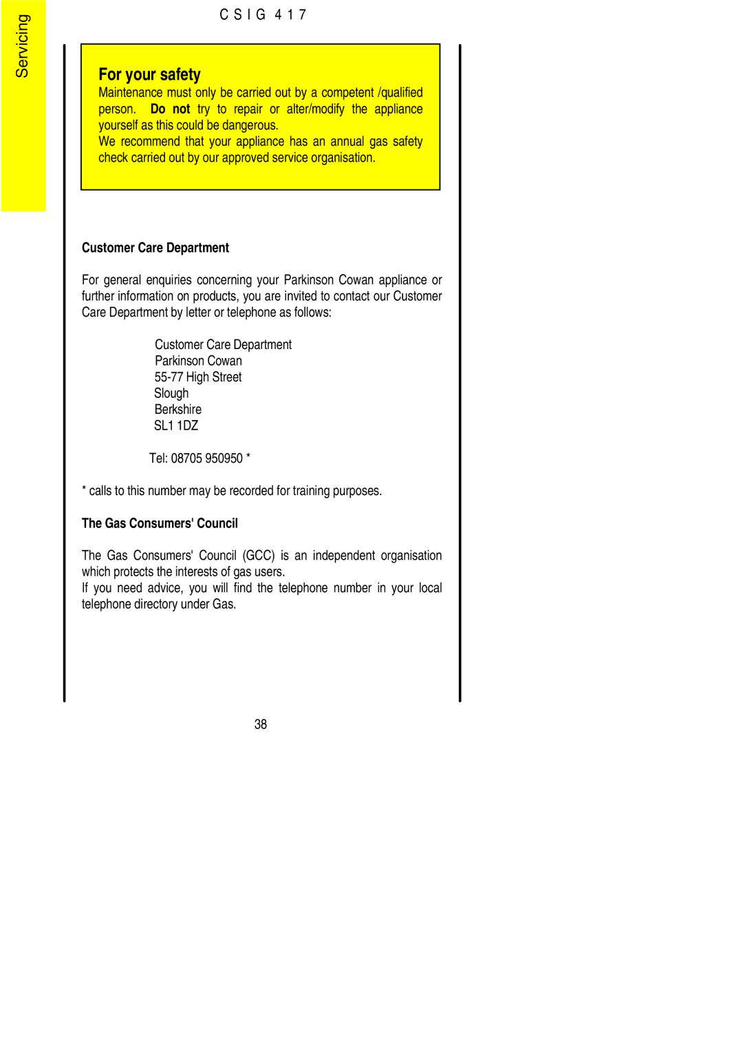 Electrolux CSIG 417 installation instructions Customer Care Department 