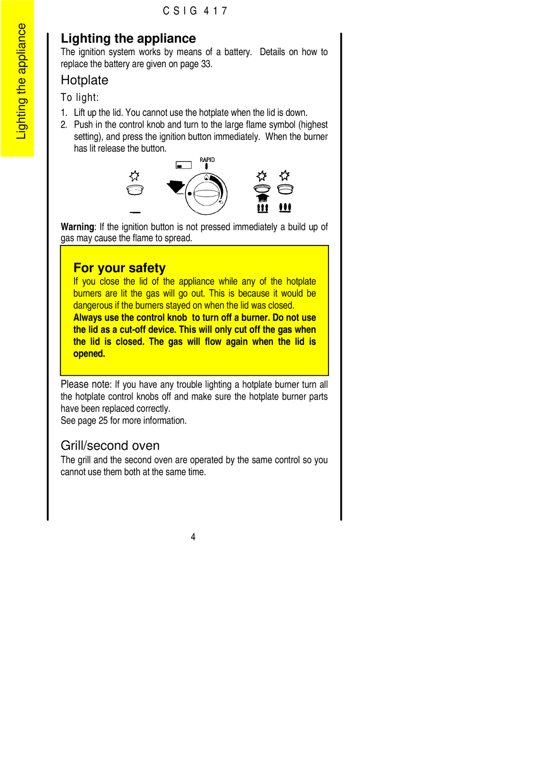 Electrolux CSIG 417 installation instructions Lighting the appliance, Hotplate, Grill/second oven 