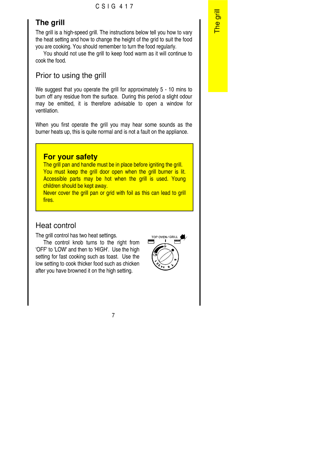 Electrolux CSIG 417 Prior to using the grill, Heat control, Grill control has two heat settings 
