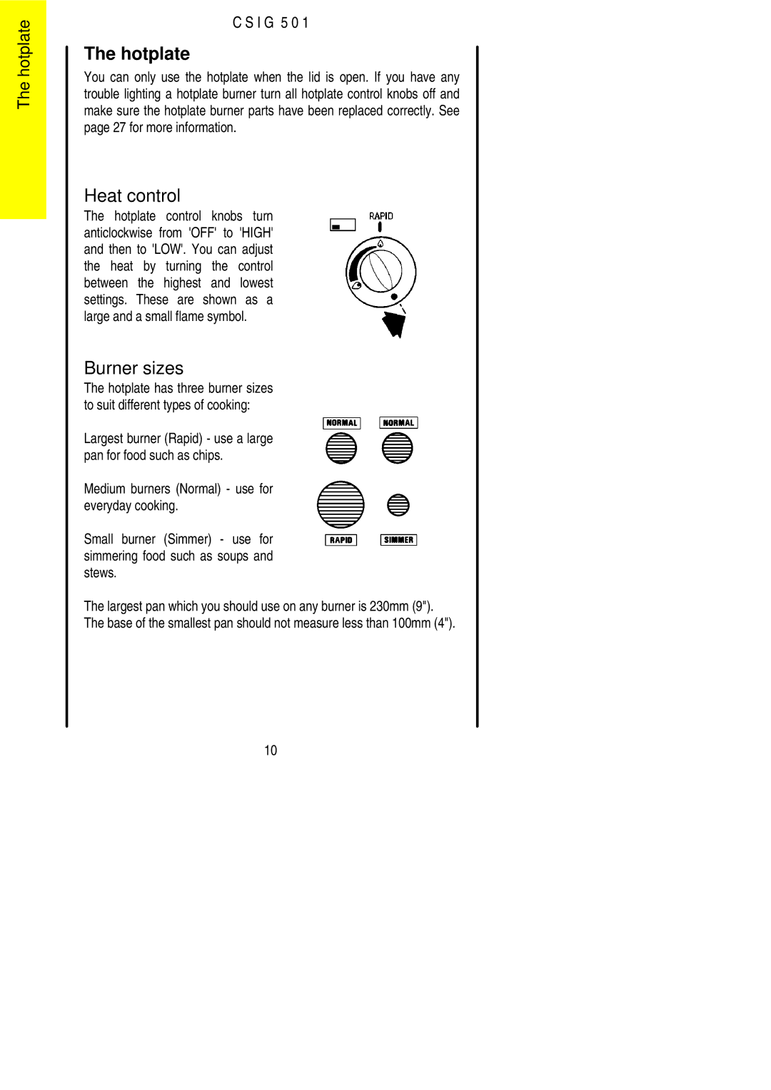 Electrolux CSIG 501 installation instructions Hotplate, Burner sizes 