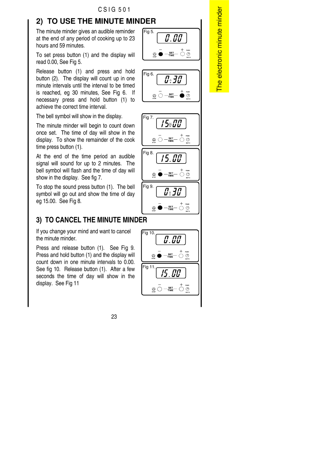 Electrolux CSIG 501 Hours and 59 minutes, Read 0.00, See Fig Release button 1 and press and hold, Eg 15.00. See Fig 