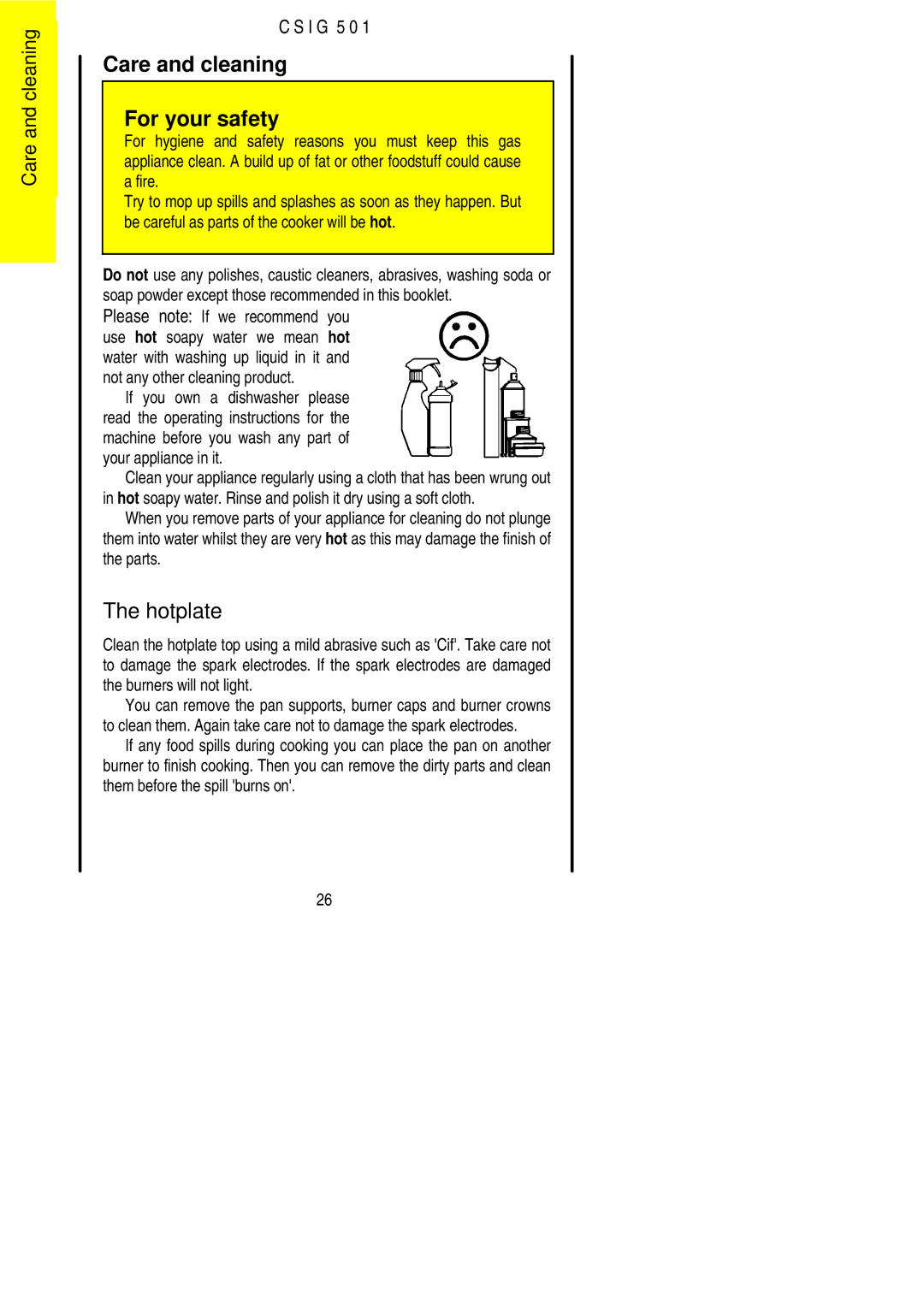 Electrolux CSIG 501 installation instructions Care and cleaning For your safety, Hotplate 