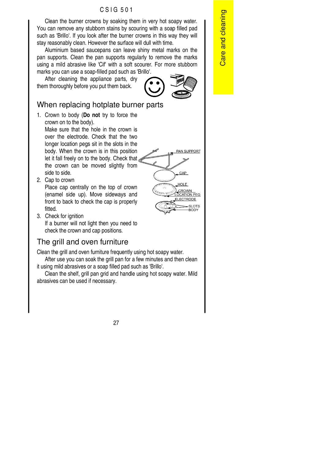 Electrolux CSIG 501 installation instructions When replacing hotplate burner parts, Grill and oven furniture 