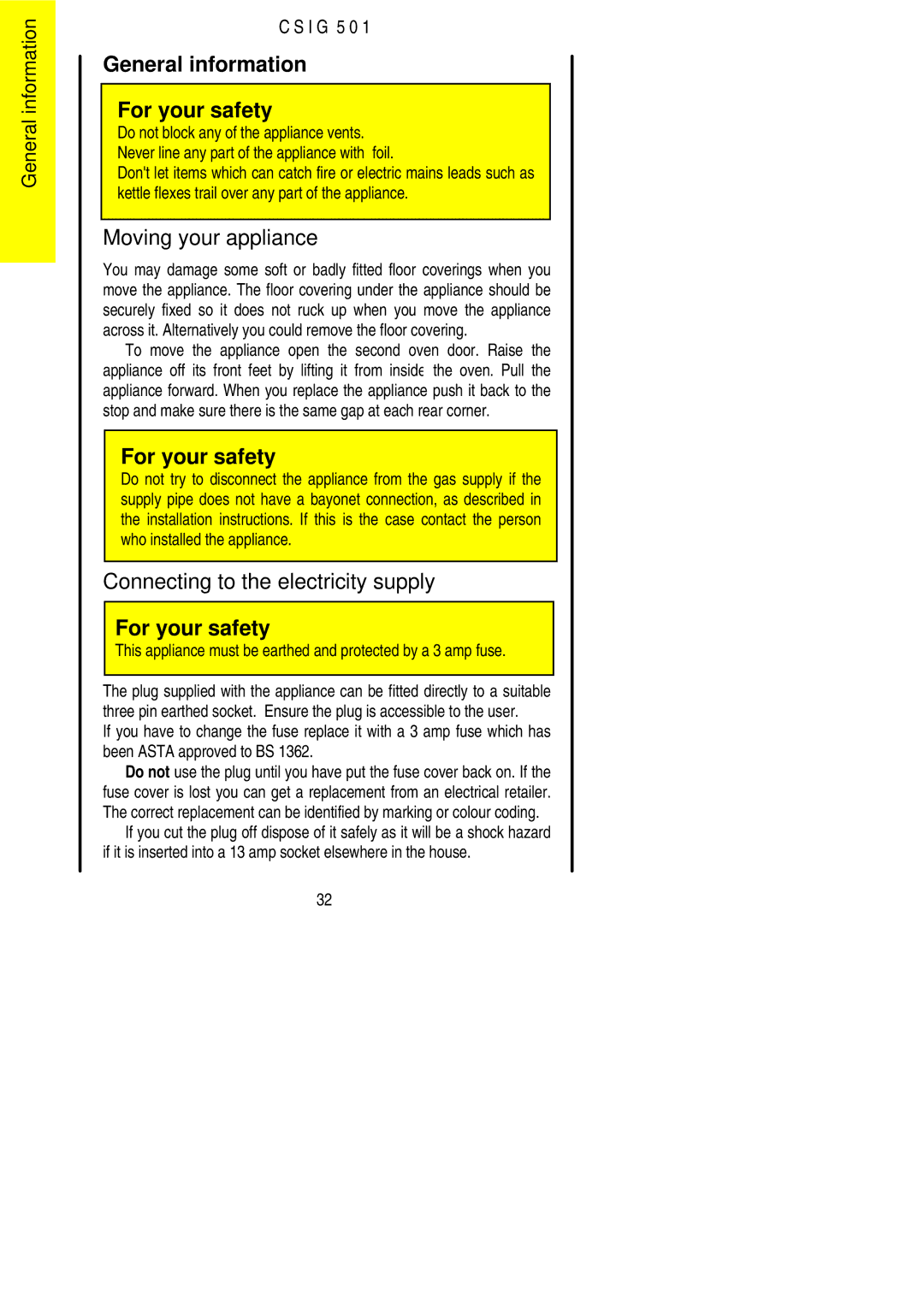 Electrolux CSIG 501 General information For your safety, Moving your appliance, Connecting to the electricity supply 