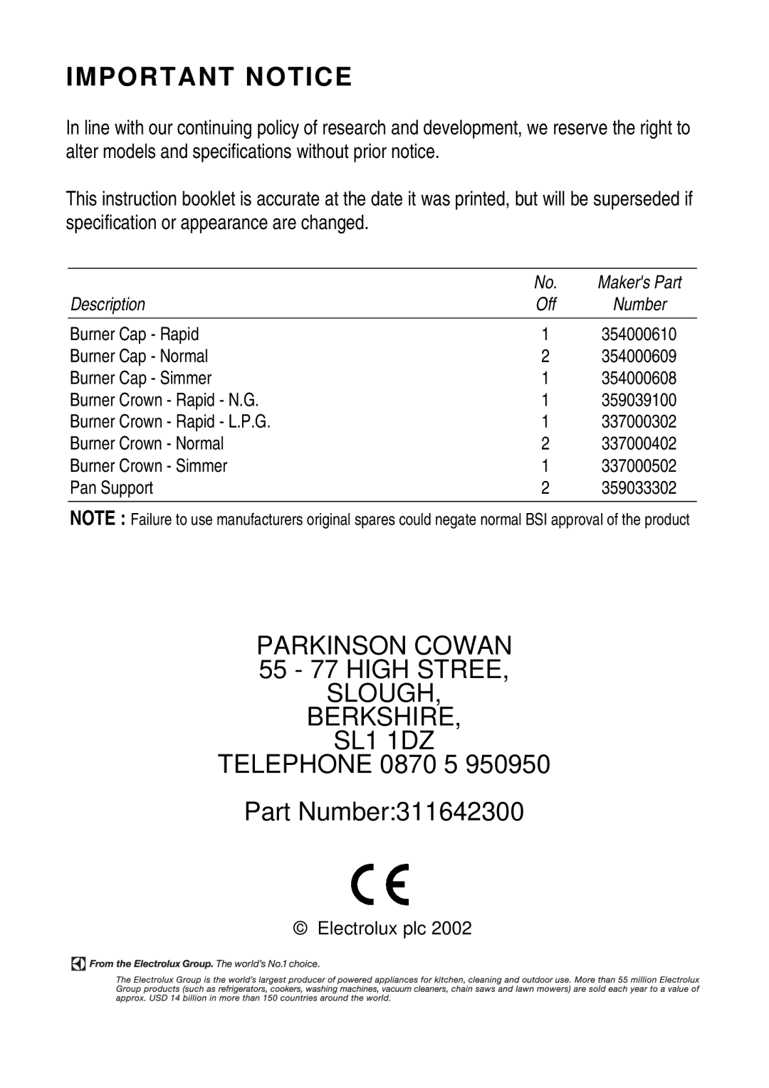 Electrolux CSIG 501 installation instructions Important Notice, Telephone 0870 5 Part Number311642300 