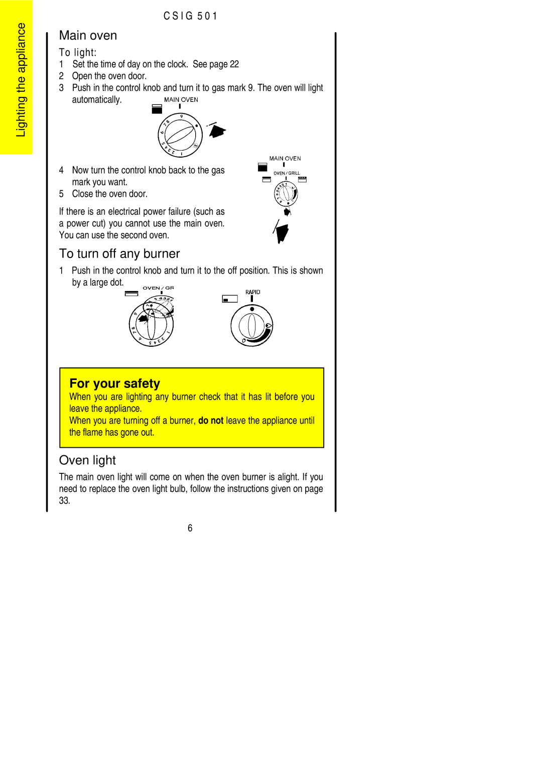 Electrolux CSIG 501 installation instructions Main oven, To turn off any burner, Oven light 