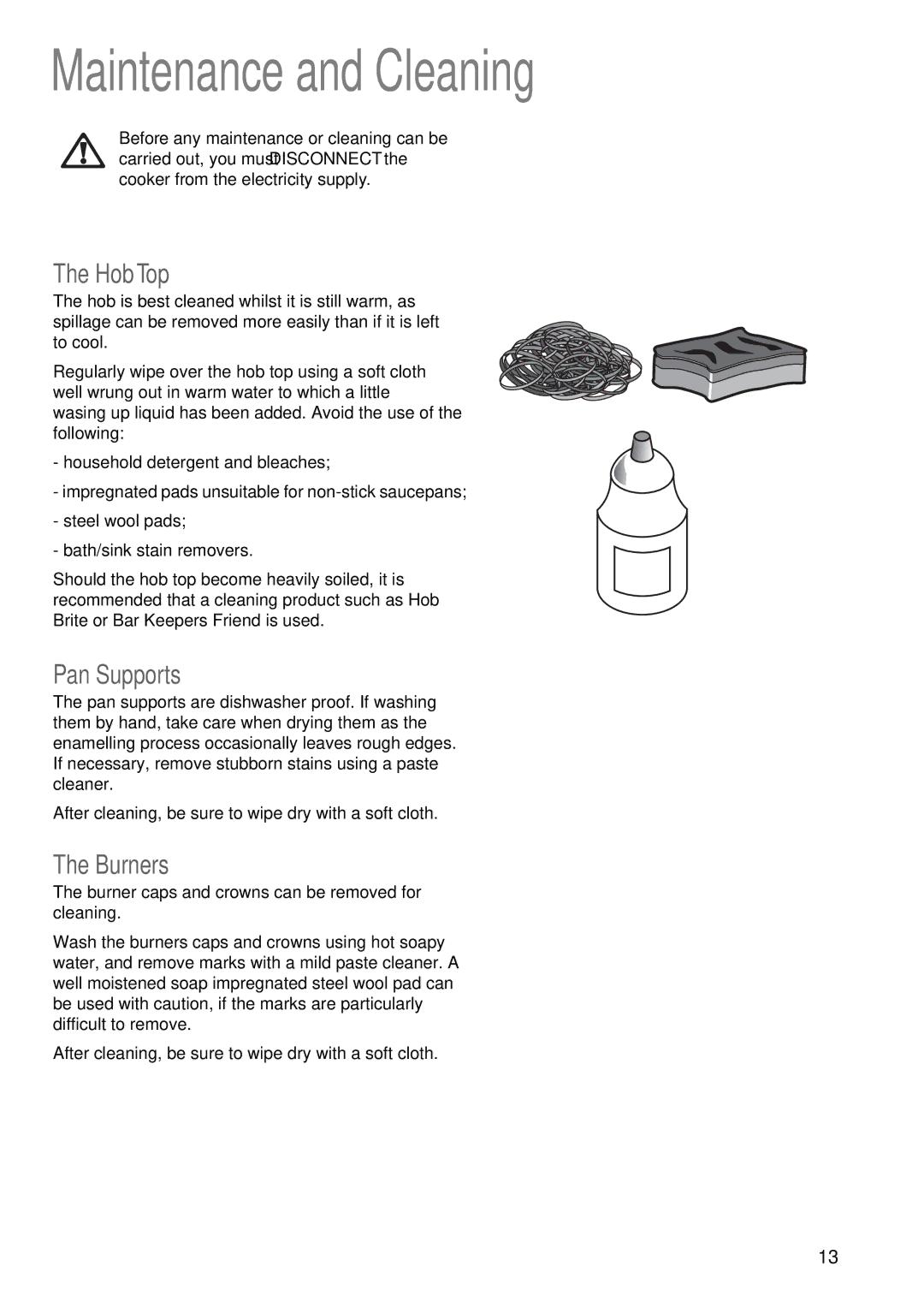 Electrolux CSIG 503 W manual Maintenance and Cleaning, HobTop, Pan Supports, Burners 