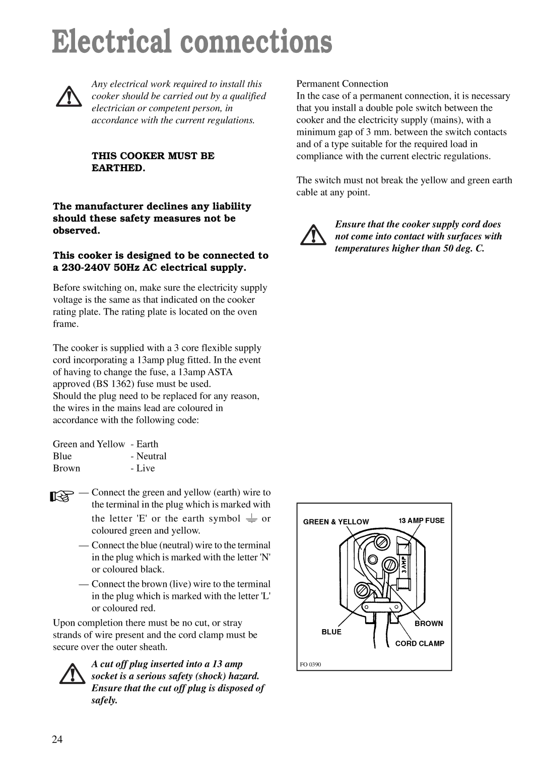 Electrolux CSIG 503 W manual Electrical connections, This Cooker Must be Earthed 