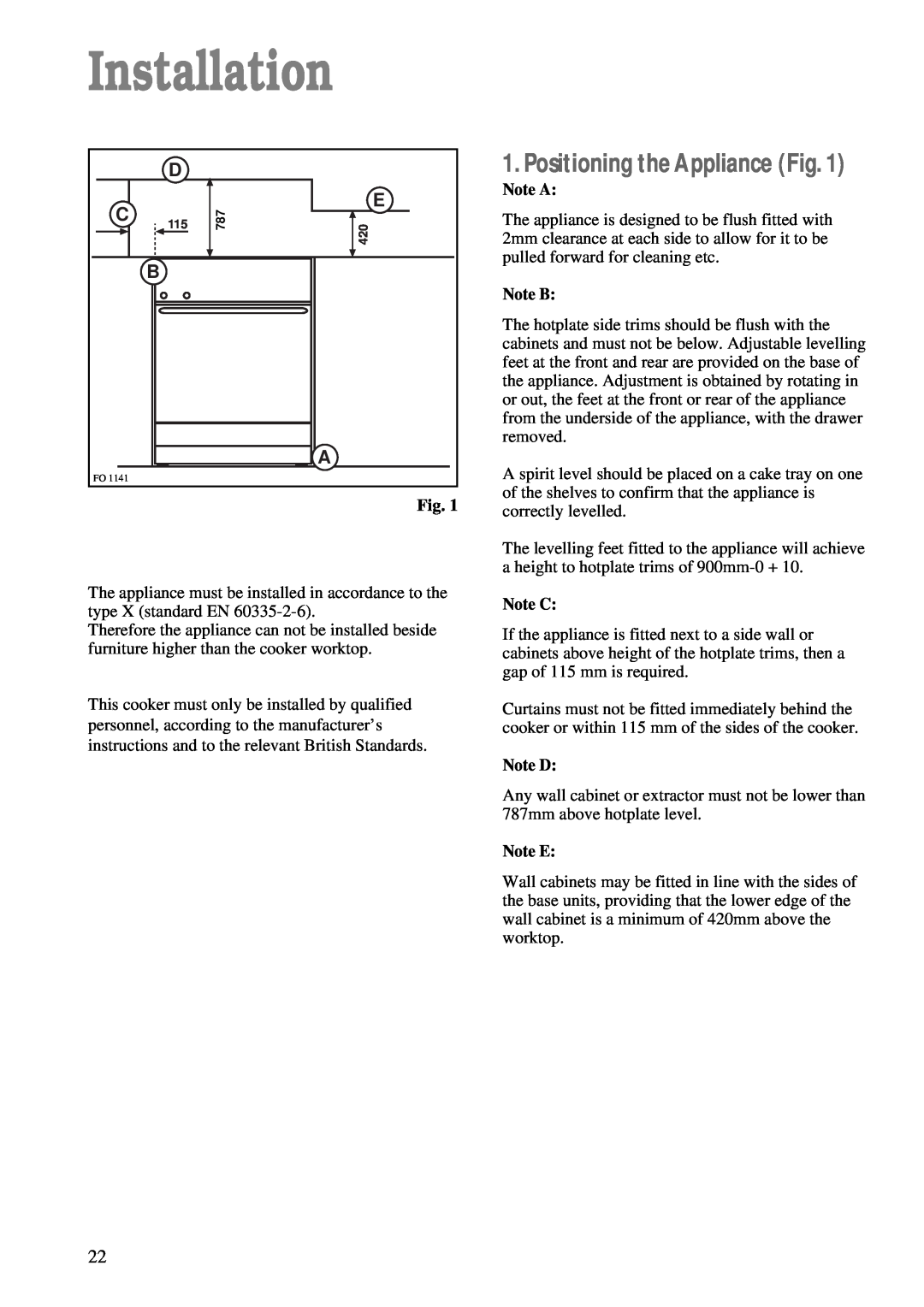 Electrolux CSIG 503 W manual Positioning the Appliance Fig, Note A, Note B, Note C, Note D, Note E, Installation 