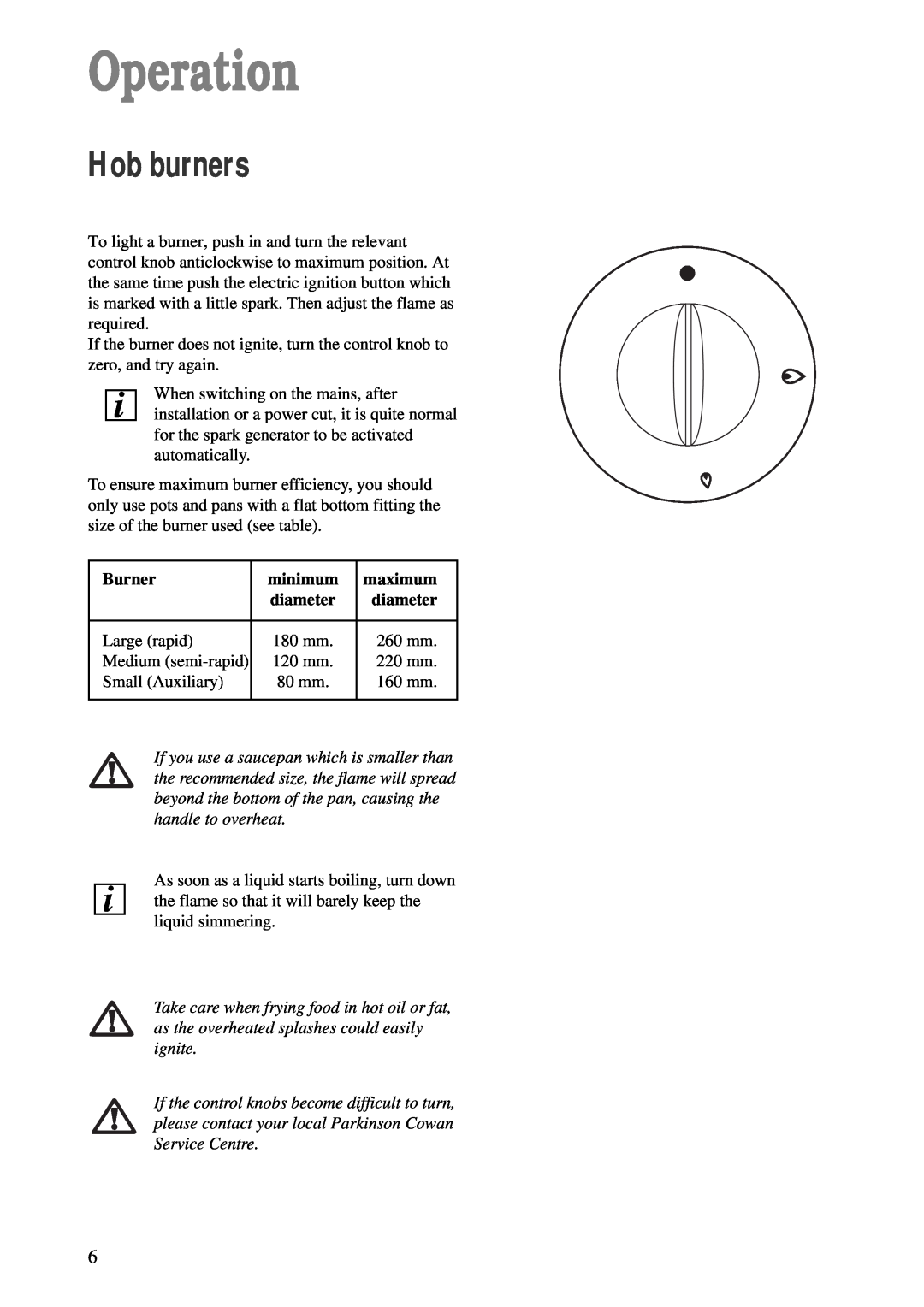 Electrolux CSIG 503 W manual Operation, Hob burners, Burner, minimum, maximum, diameter 
