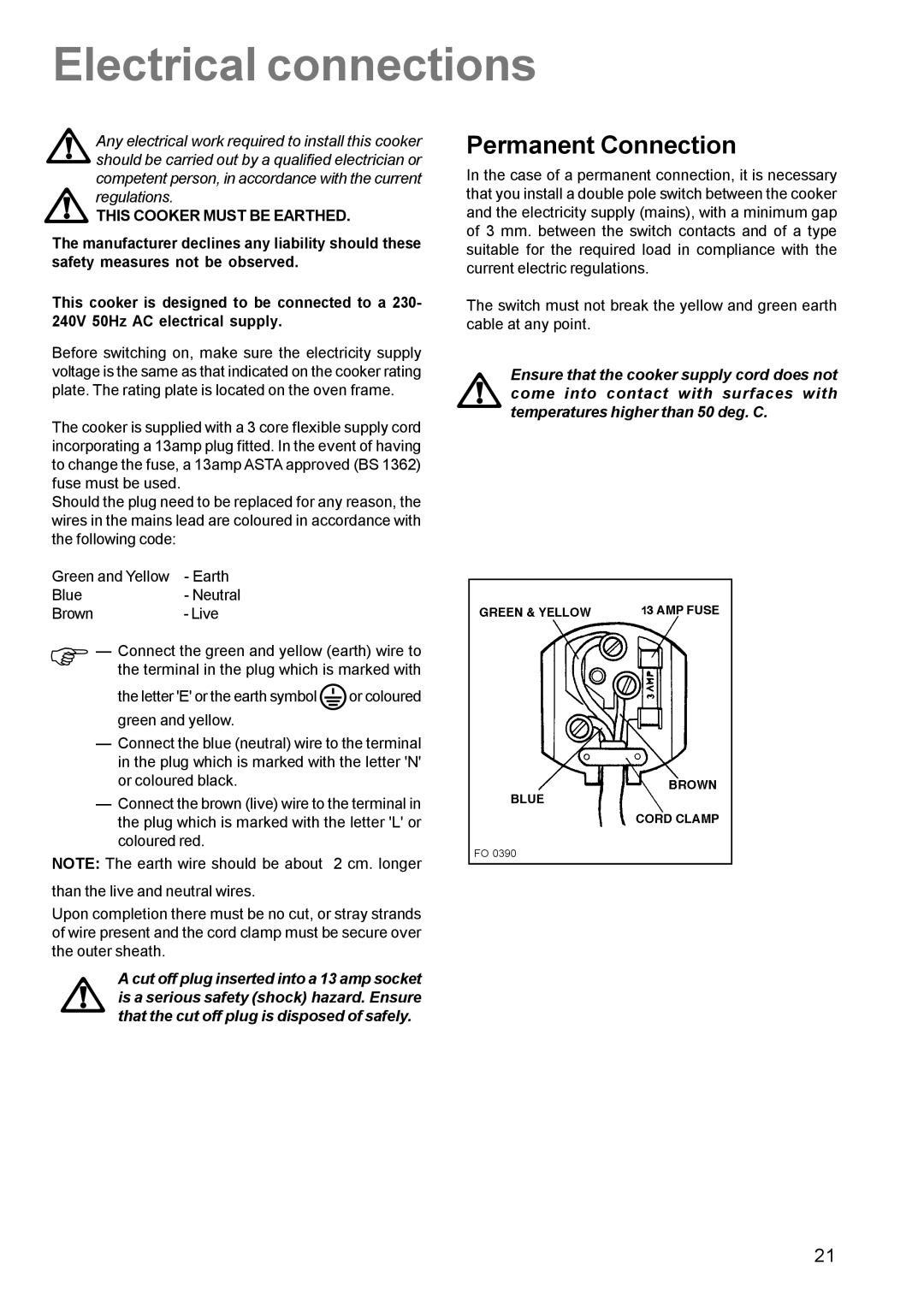 Electrolux CSIG 509 manual Electrical connections, Permanent Connection 