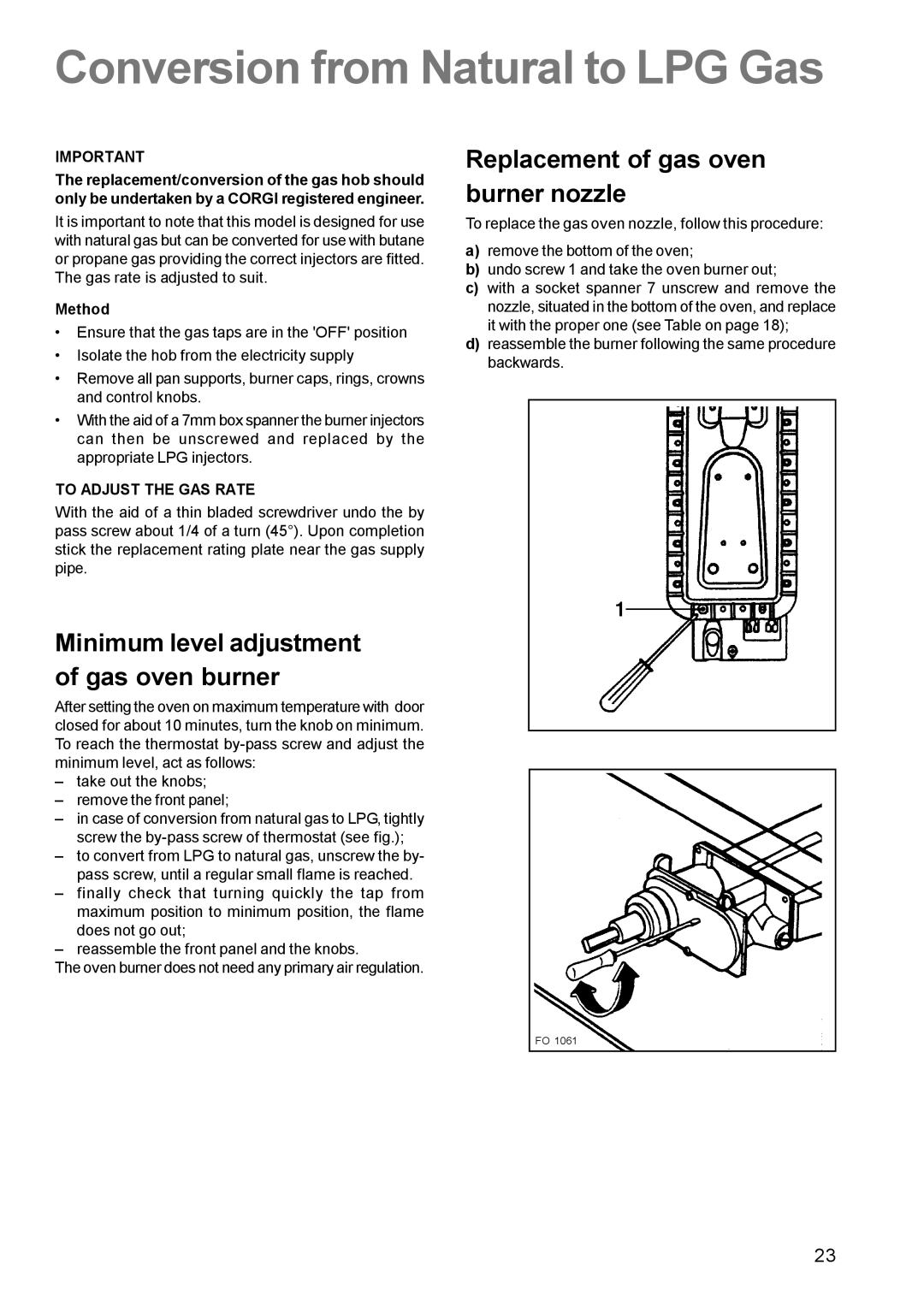 Electrolux CSIG 509 manual Conversion from Natural to LPG Gas, Minimum level adjustment of gas oven burner 