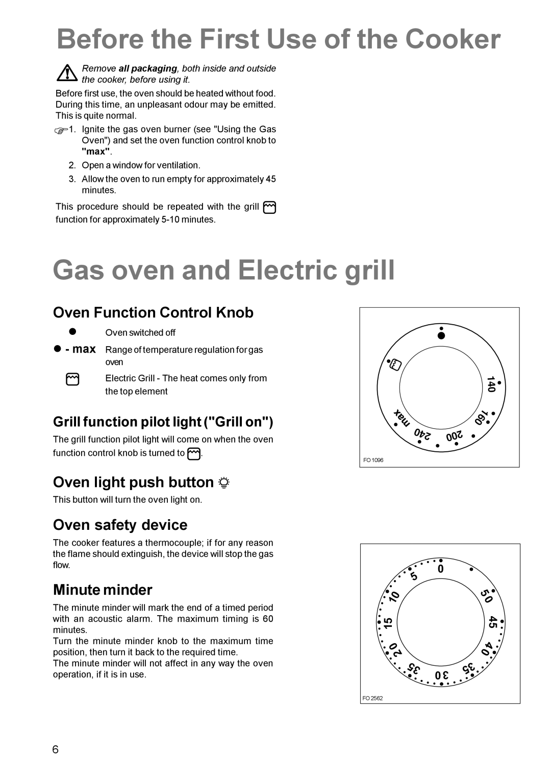 Electrolux CSIG 509 manual Before the First Use of the Cooker, Gas oven and Electric grill 