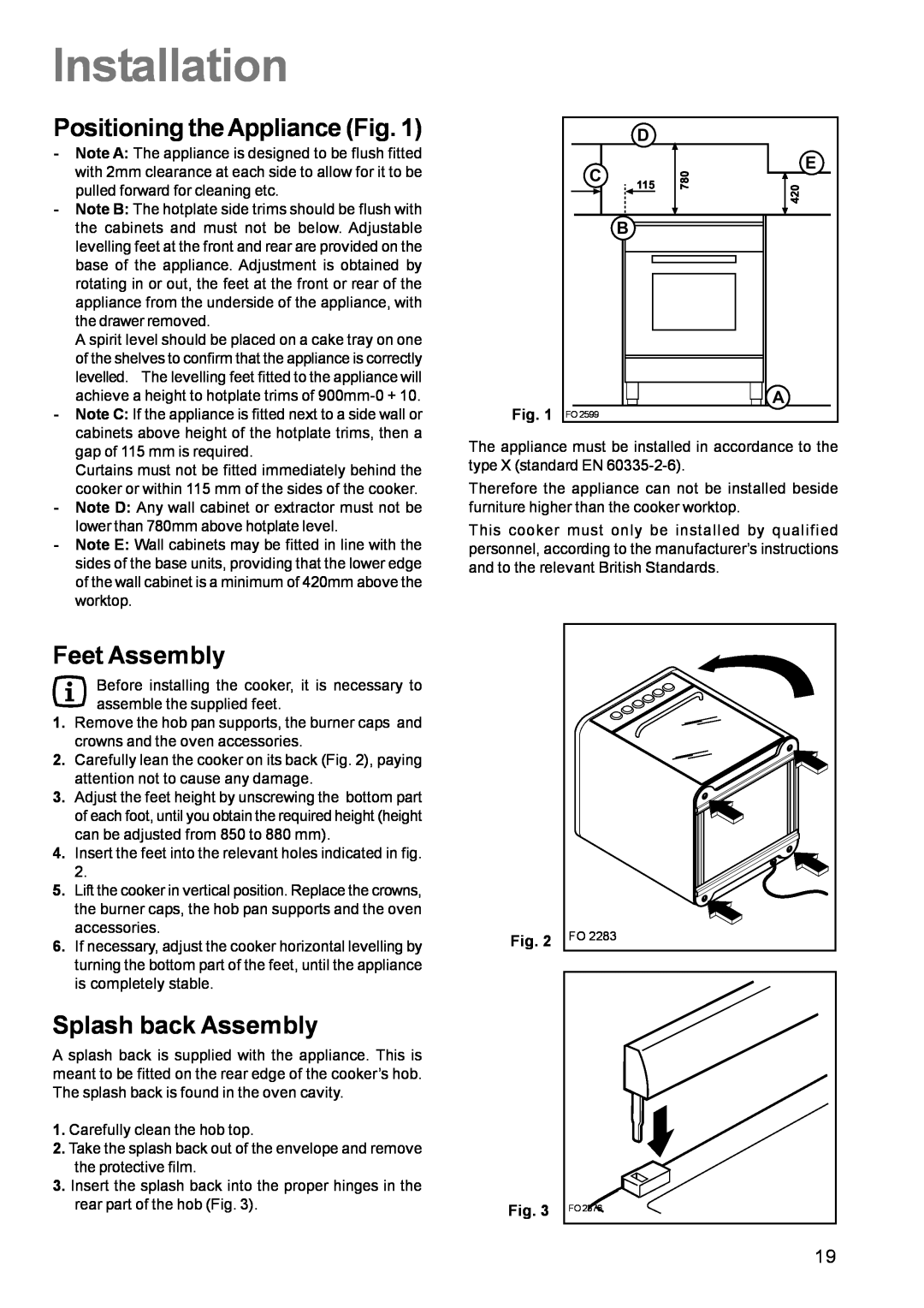 Electrolux CSIG 509 manual Installation, Positioning the Appliance Fig, Feet Assembly, Splash back Assembly 