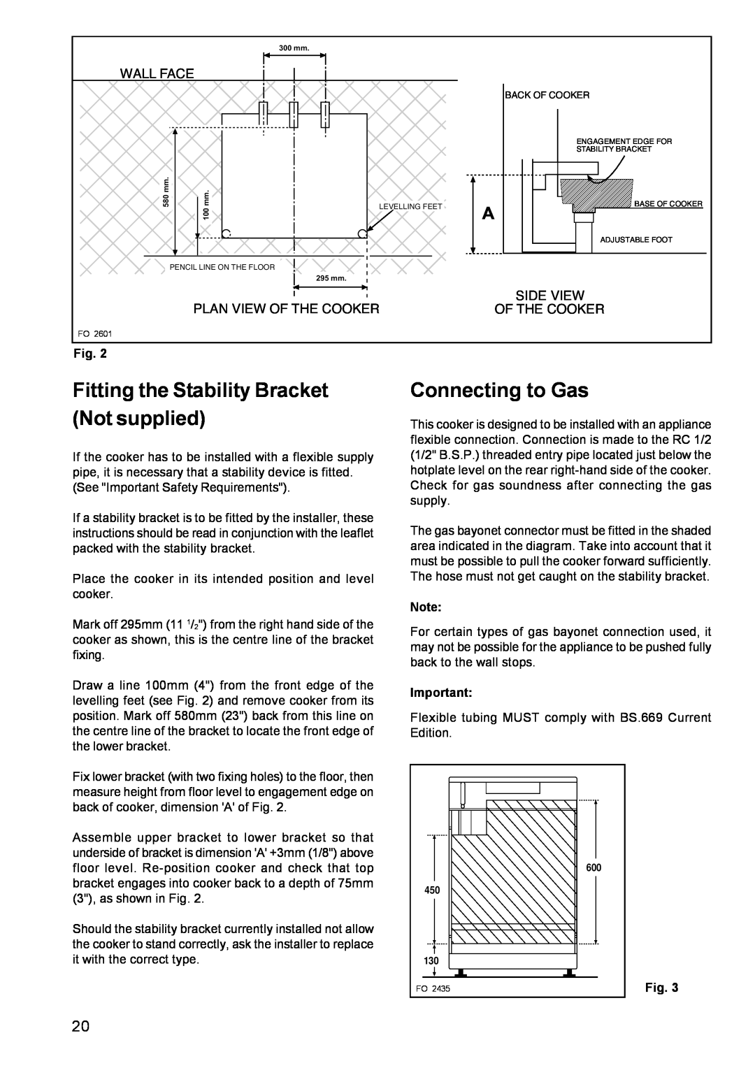 Electrolux CSIG 509 Fitting the Stability Bracket Not supplied, Connecting to Gas, Wall Face, Plan View Of The Cooker 