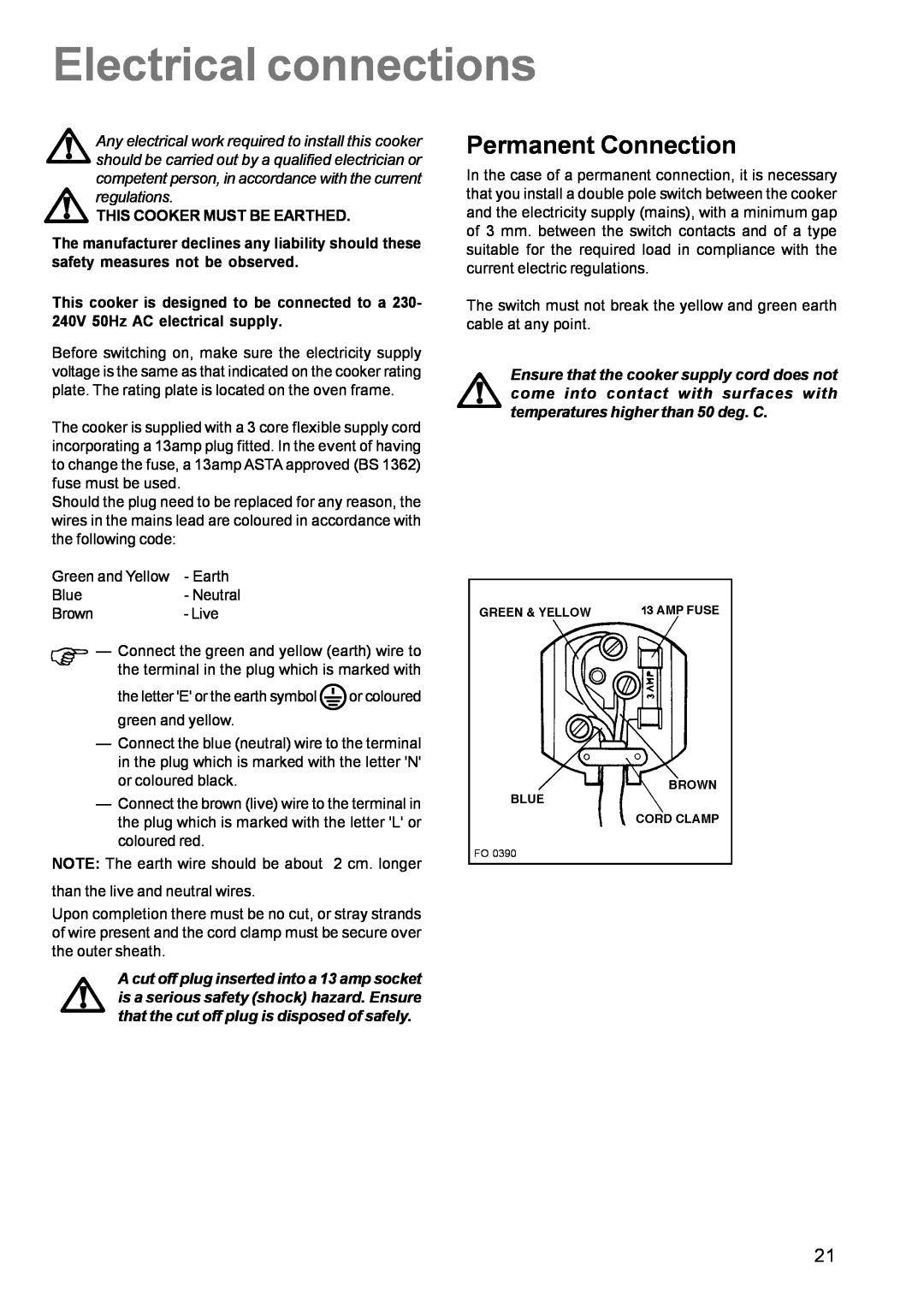 Electrolux CSIG 509 manual Electrical connections, Permanent Connection 