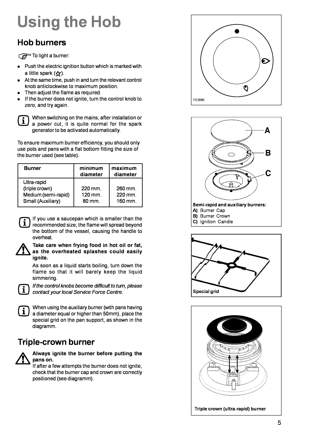 Electrolux CSIG 509 manual Using the Hob, Hob burners, Triple-crownburner 