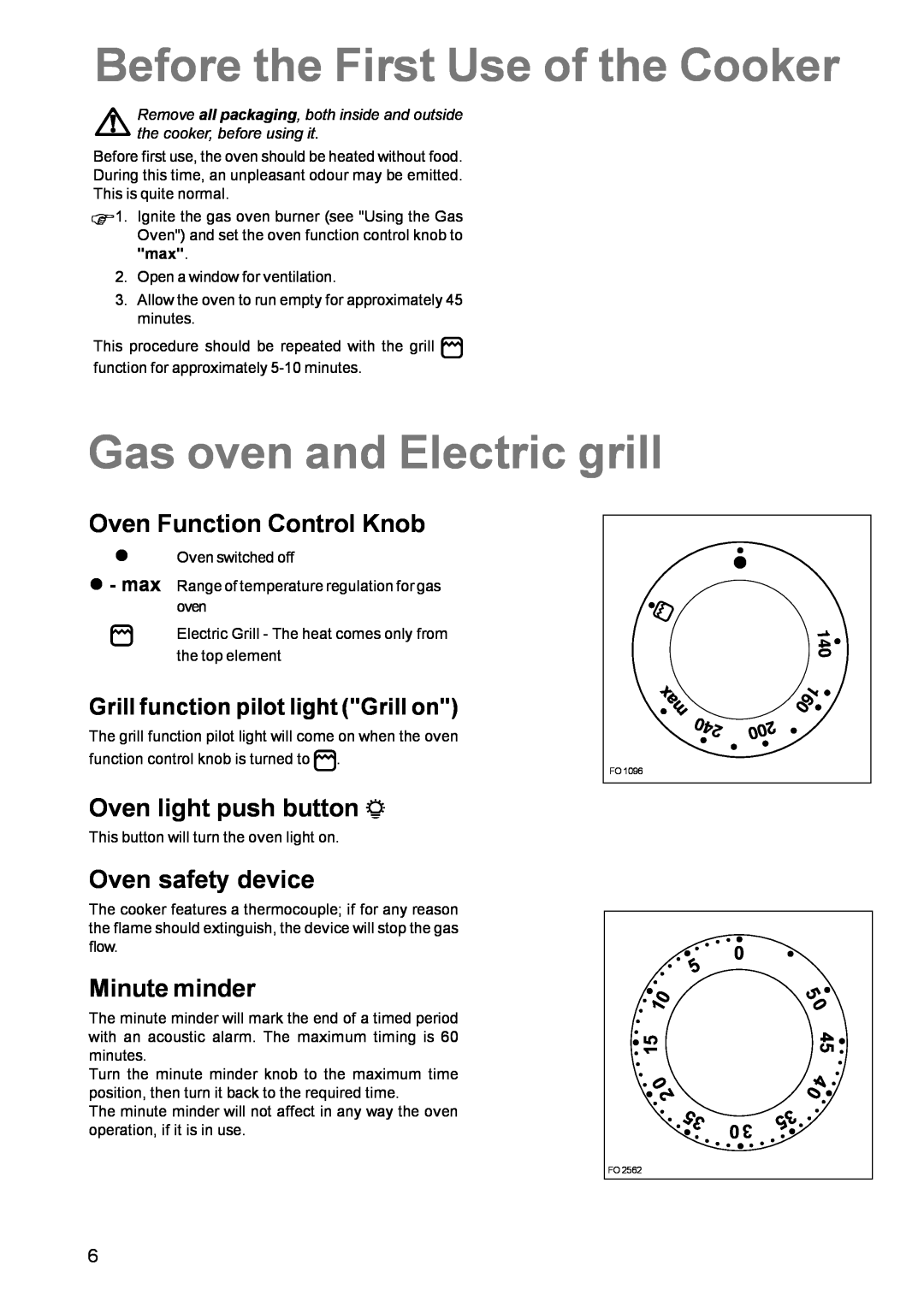 Electrolux CSIG 509 manual Before the First Use of the Cooker, Gas oven and Electric grill, Oven Function Control Knob 
