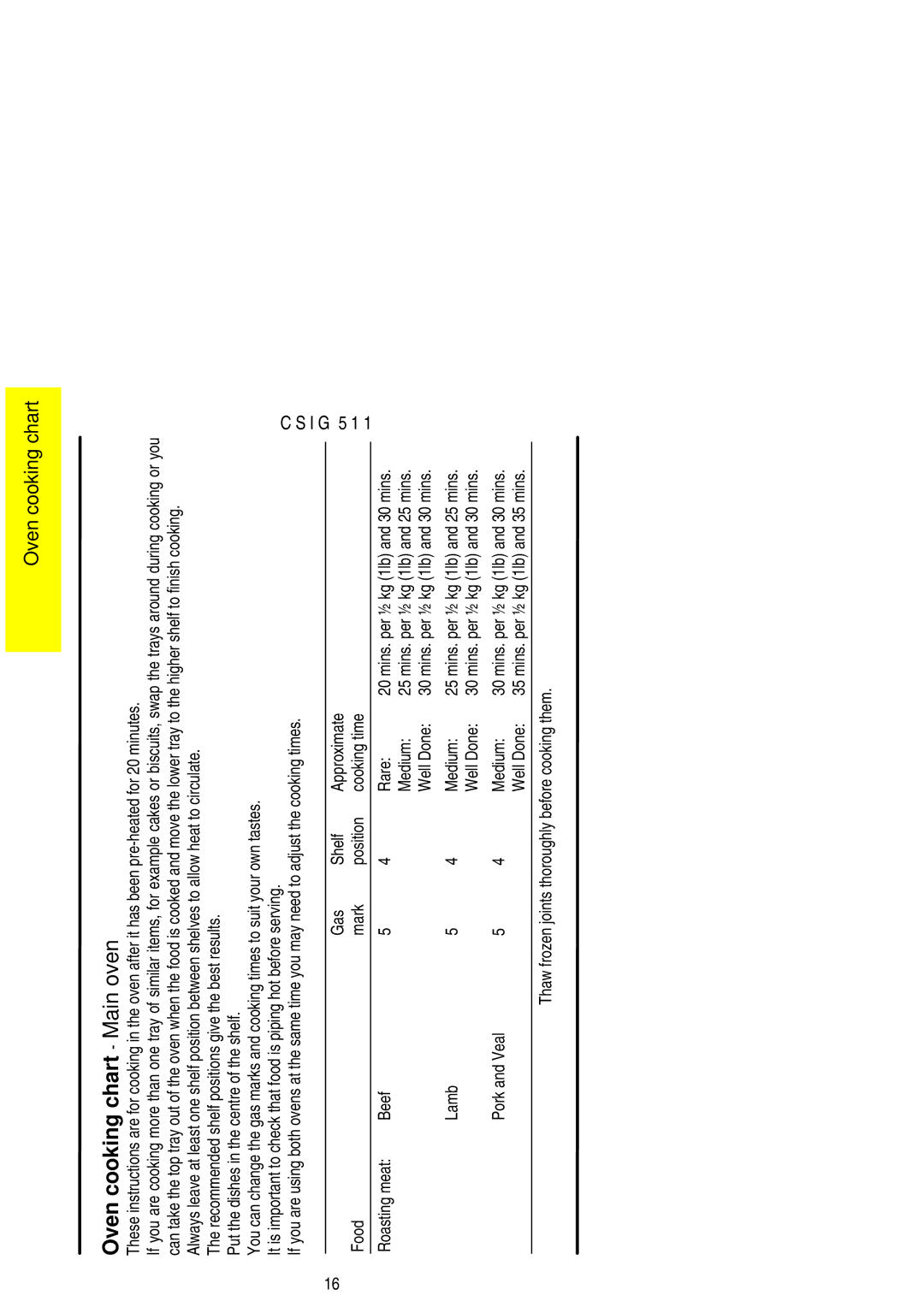 Electrolux CSIG 511 installation instructions Oven cooking chart Main oven 