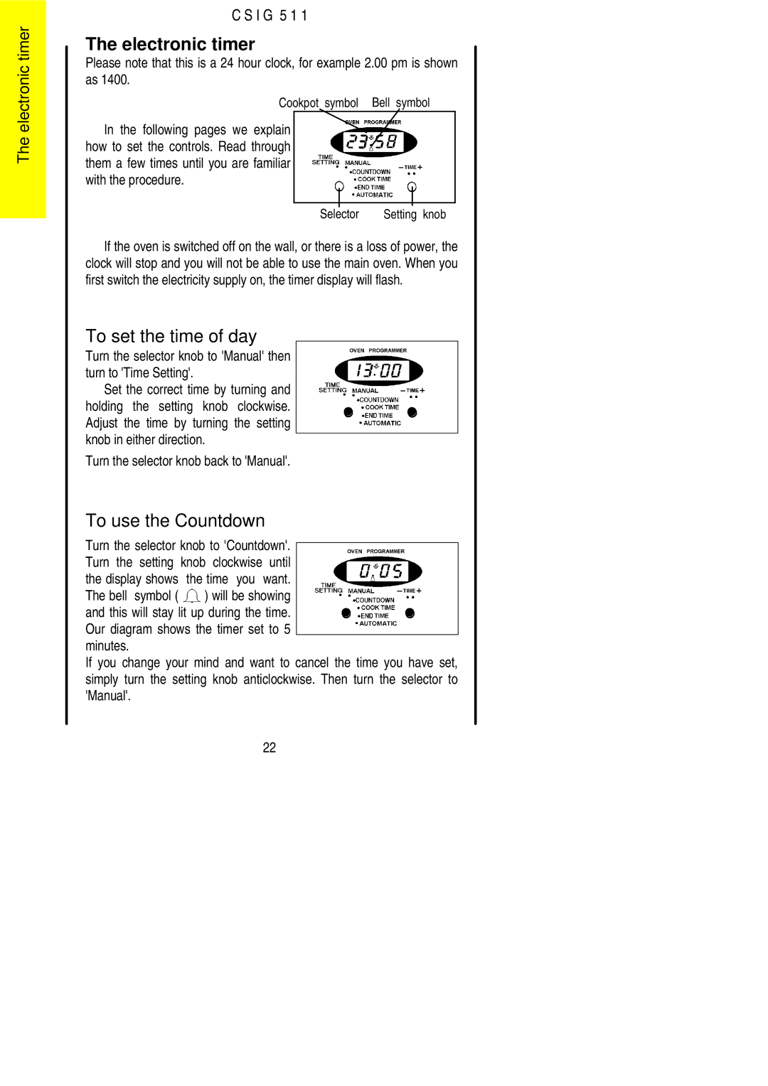 Electrolux CSIG 511 Electronic timer, To set the time of day, To use the Countdown, Turn the selector knob back to Manual 