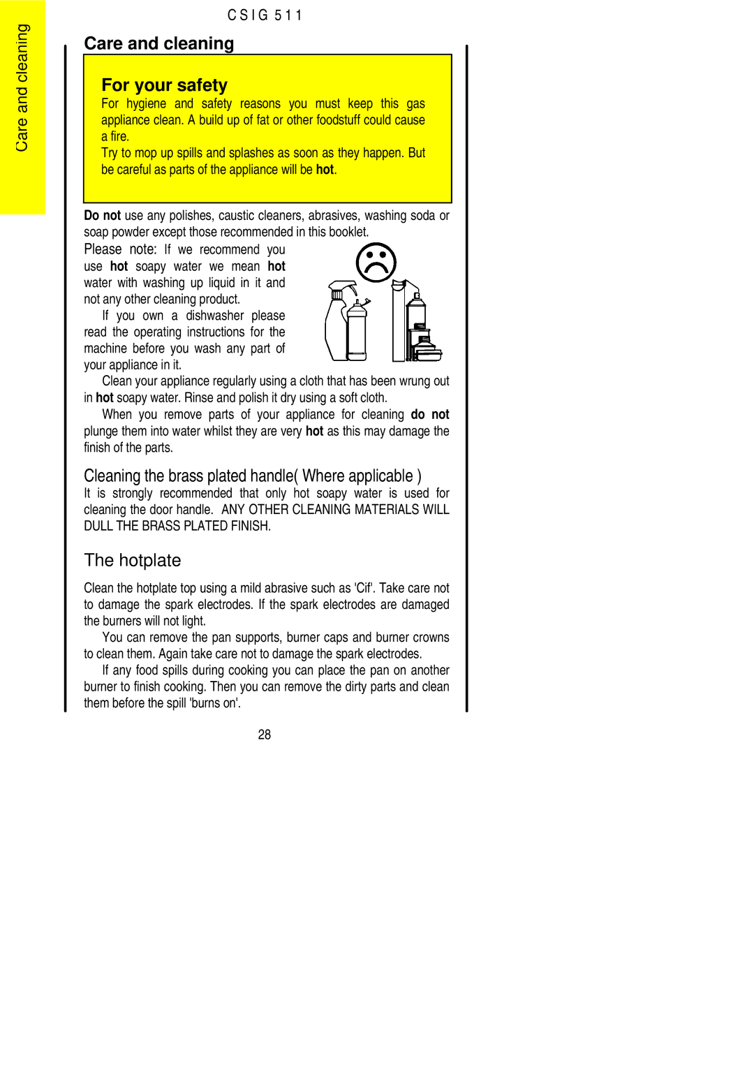 Electrolux CSIG 511 Care and cleaning For your safety, Cleaning the brass plated handle Where applicable 