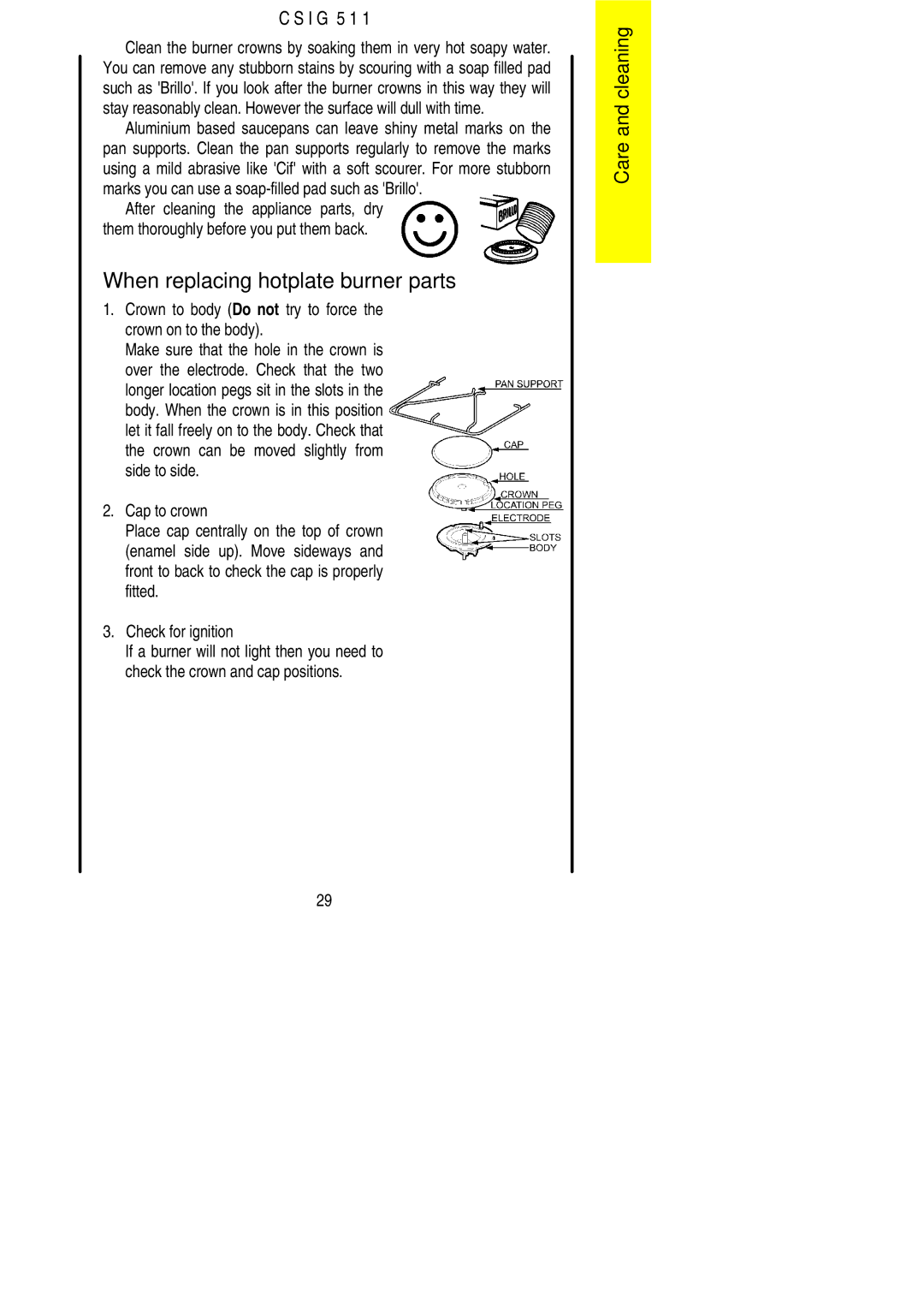 Electrolux CSIG 511 When replacing hotplate burner parts, Crown to body Do not try to force the crown on to the body 