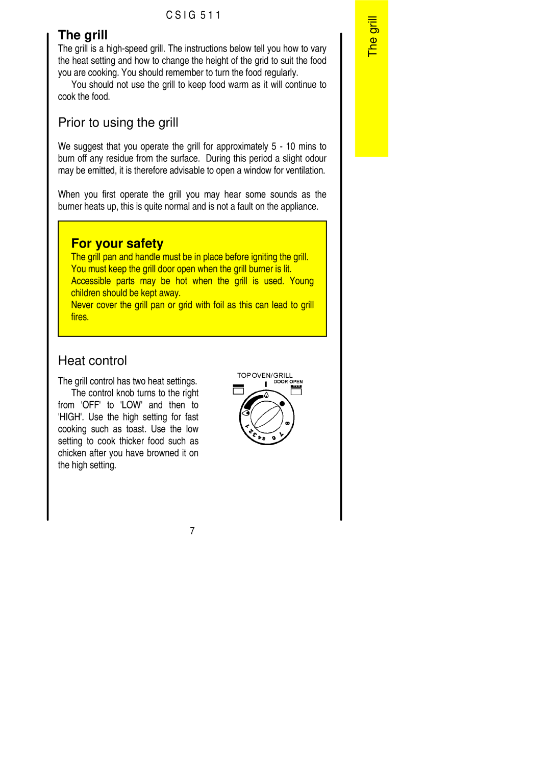 Electrolux CSIG 511 installation instructions Grill, Prior to using the grill, Heat control, High setting 