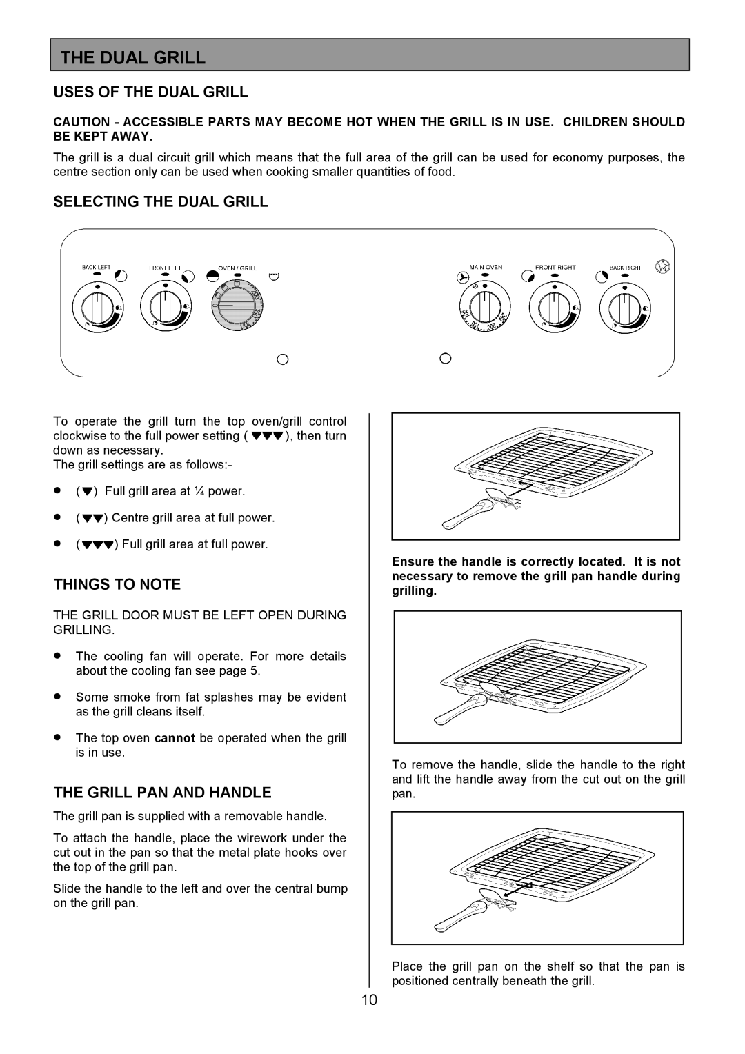 Electrolux CSM 559 installation instructions Uses of the Dual Grill, Selecting the Dual Grill, Grill PAN and Handle 